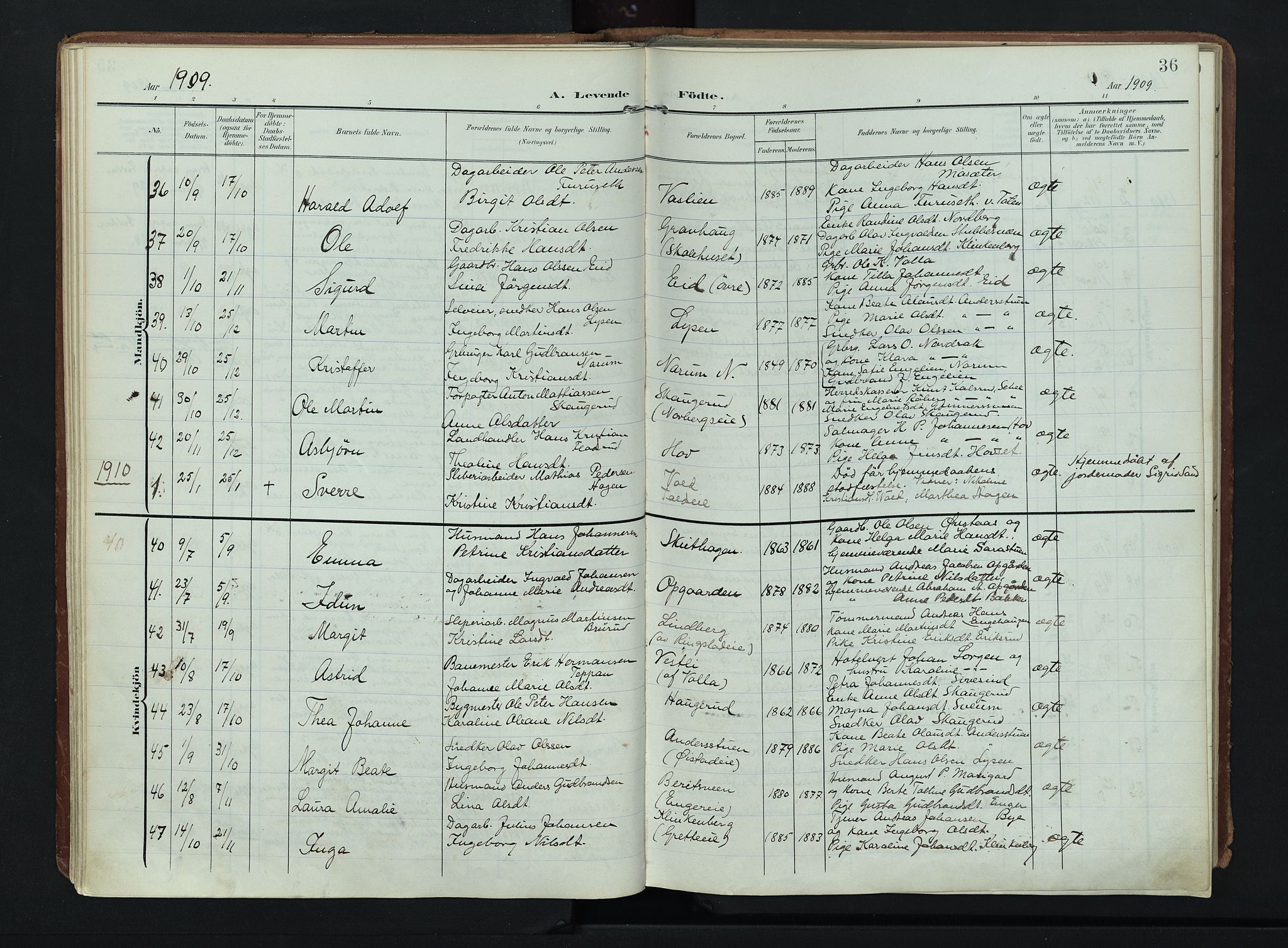 Søndre Land prestekontor, AV/SAH-PREST-122/K/L0007: Parish register (official) no. 7, 1905-1914, p. 36