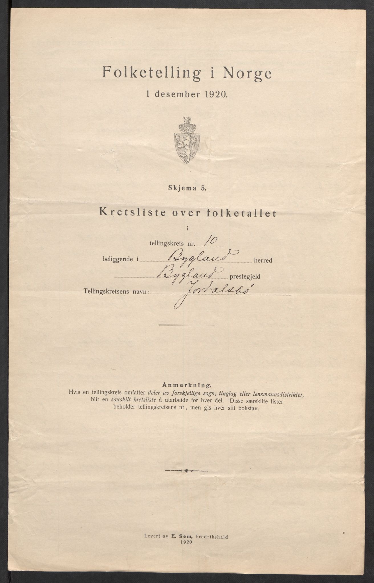 SAK, 1920 census for Bygland, 1920, p. 42