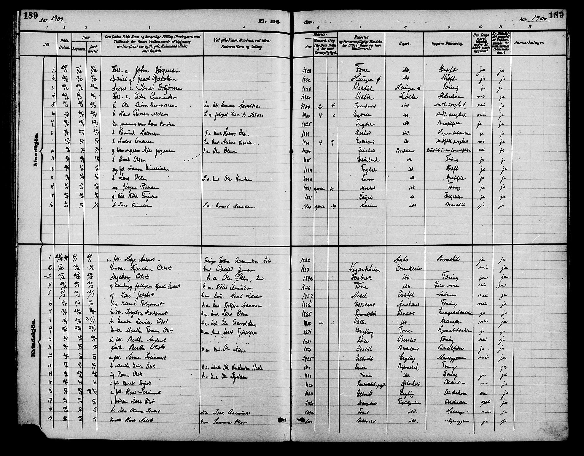 Gjerstad sokneprestkontor, AV/SAK-1111-0014/F/Fb/Fba/L0007: Parish register (copy) no. B 7, 1891-1908, p. 189