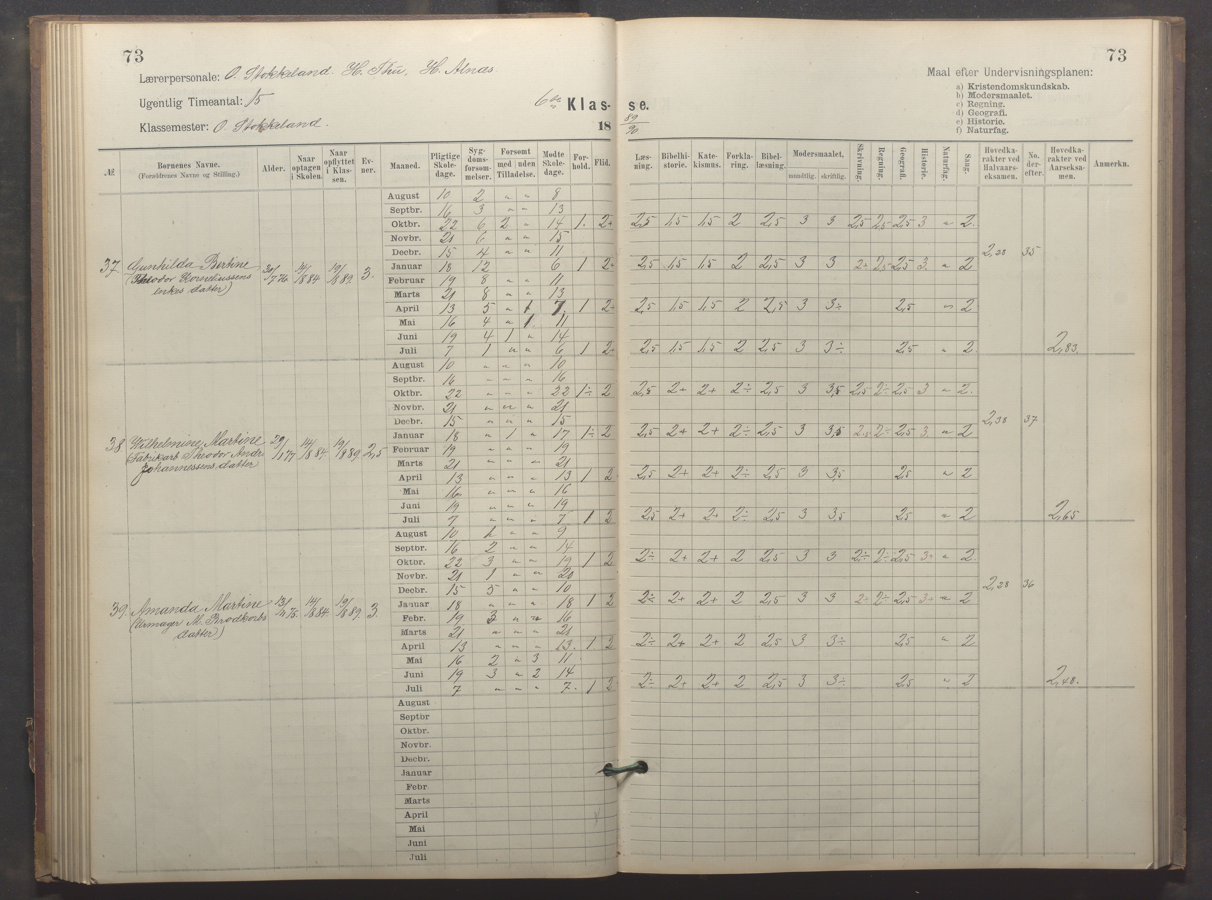 Egersund kommune (Ladested) - Egersund almueskole/folkeskole, IKAR/K-100521/H/L0023: Skoleprotokoll - Almueskolen, 6. klasse, 1886-1892, p. 73