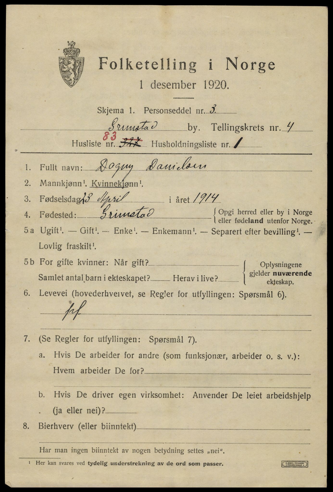 SAK, 1920 census for Grimstad, 1920, p. 6349