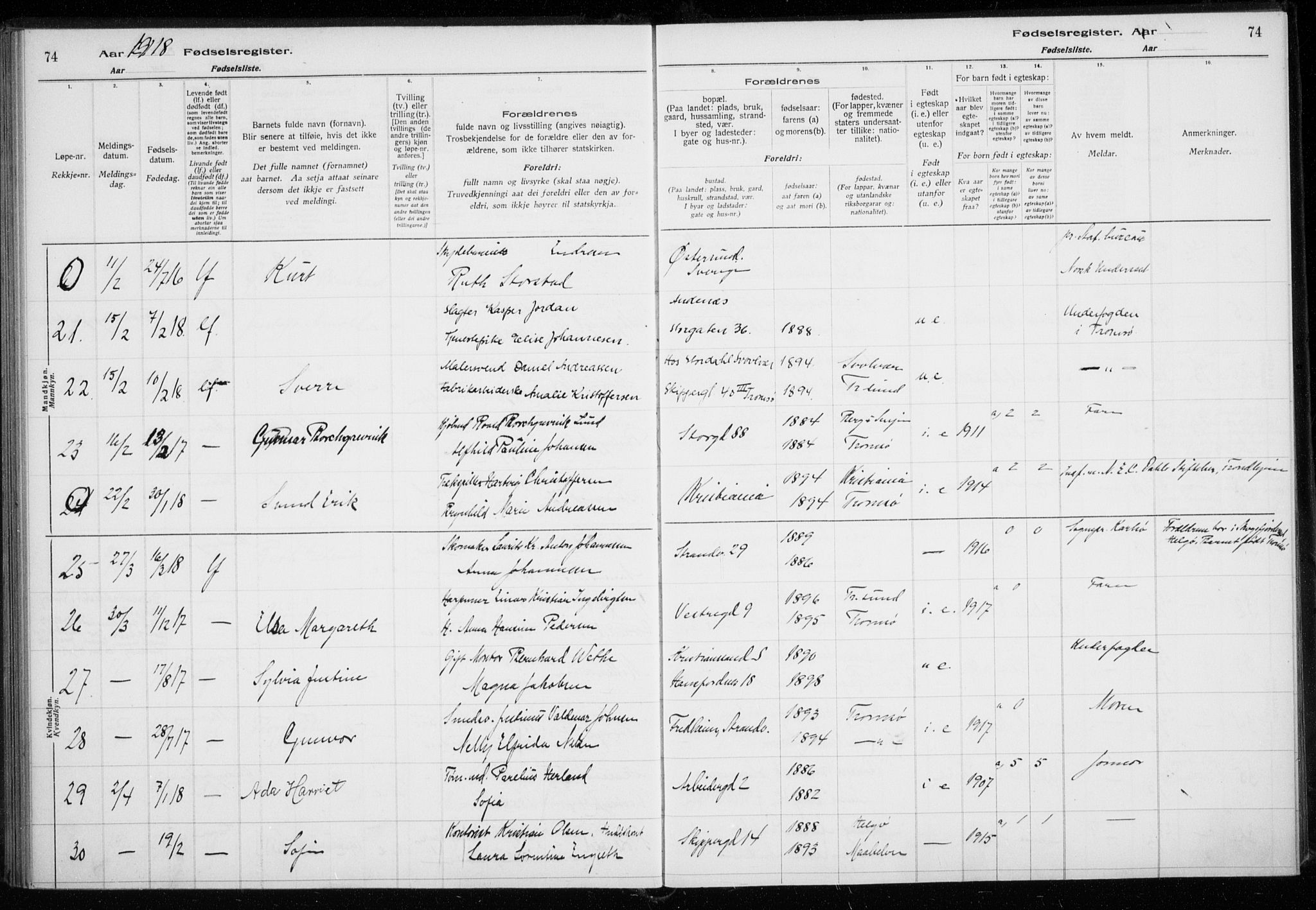 Tromsø sokneprestkontor/stiftsprosti/domprosti, AV/SATØ-S-1343/H/Ha/L0131: Birth register no. 131, 1916-1921, p. 74