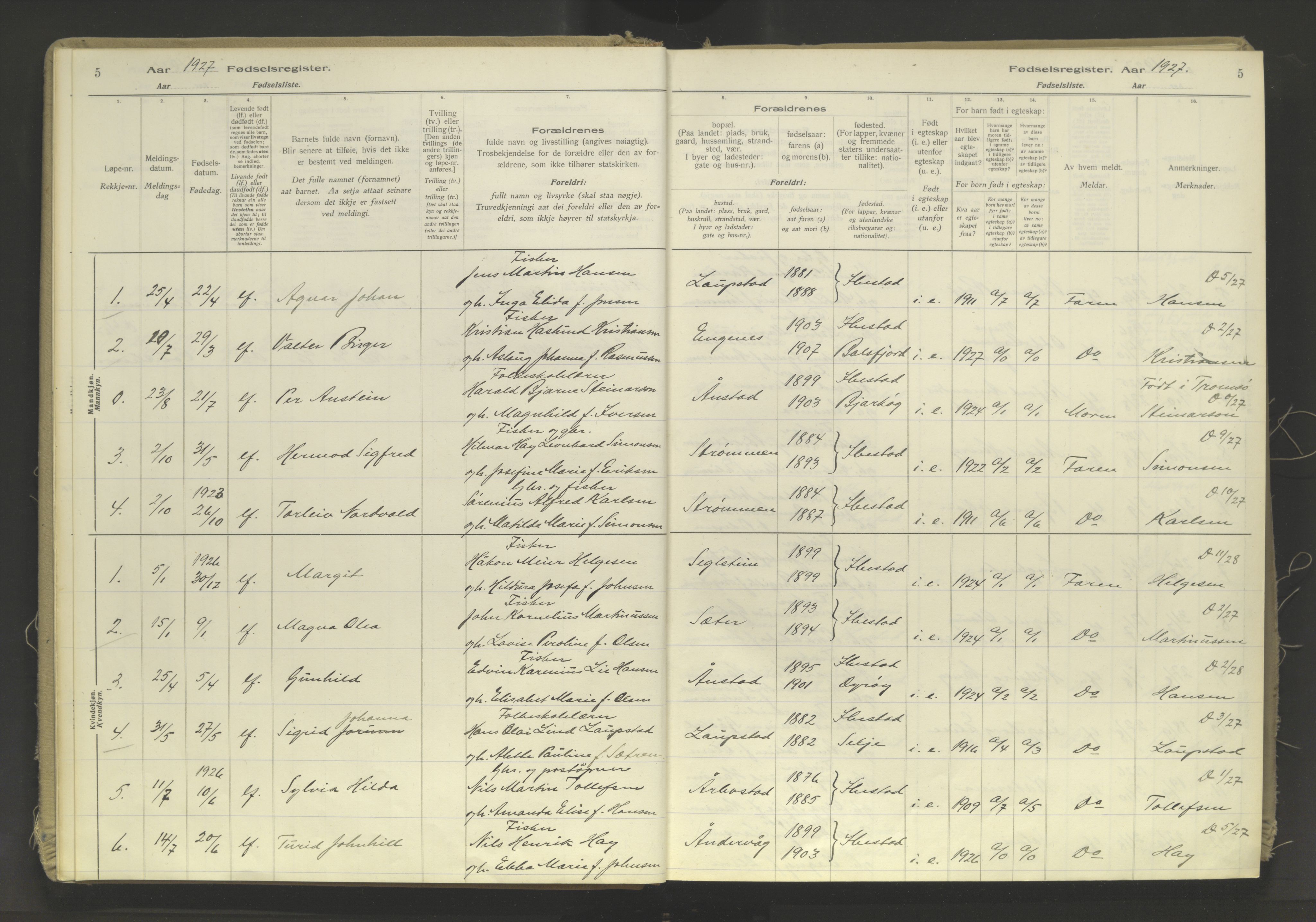 Ibestad sokneprestembete, AV/SATØ-S-0077/I/Ic/L0063: Birth register no. 63, 1926-1982, p. 5