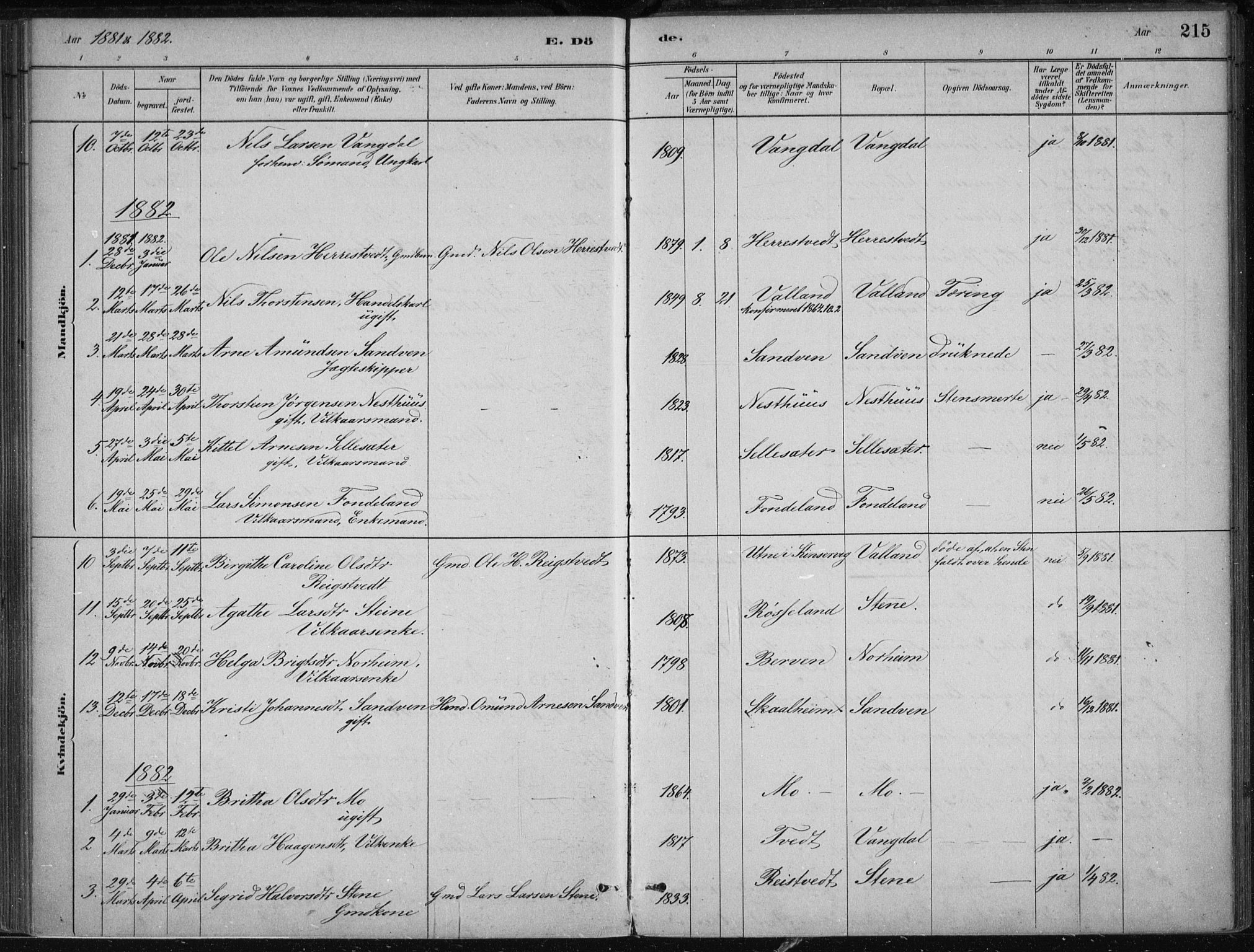 Kvam sokneprestembete, SAB/A-76201/H/Haa: Parish register (official) no. B  1, 1880-1908, p. 215