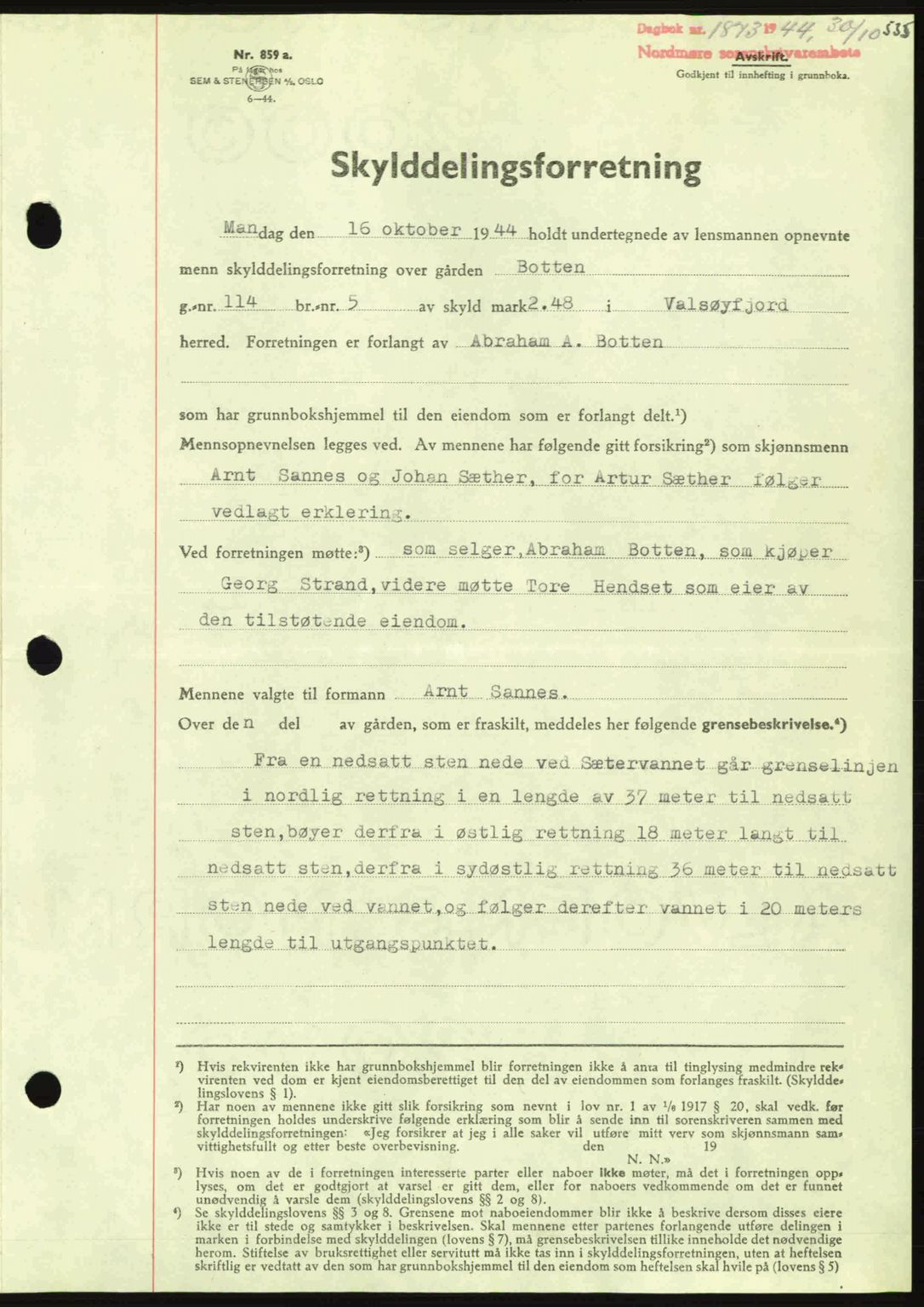 Nordmøre sorenskriveri, AV/SAT-A-4132/1/2/2Ca: Mortgage book no. A98, 1944-1944, Diary no: : 1873/1944