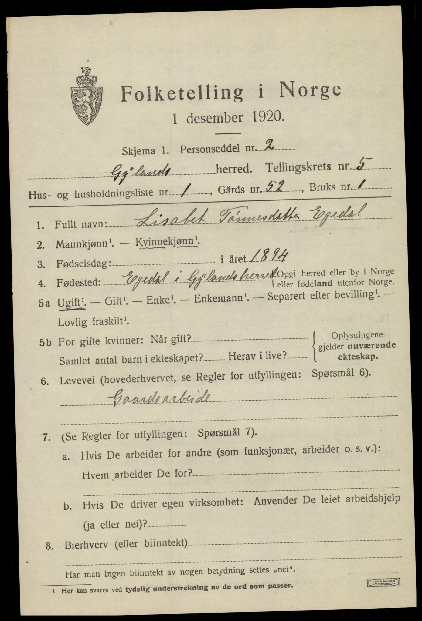 SAK, 1920 census for Gyland, 1920, p. 1190
