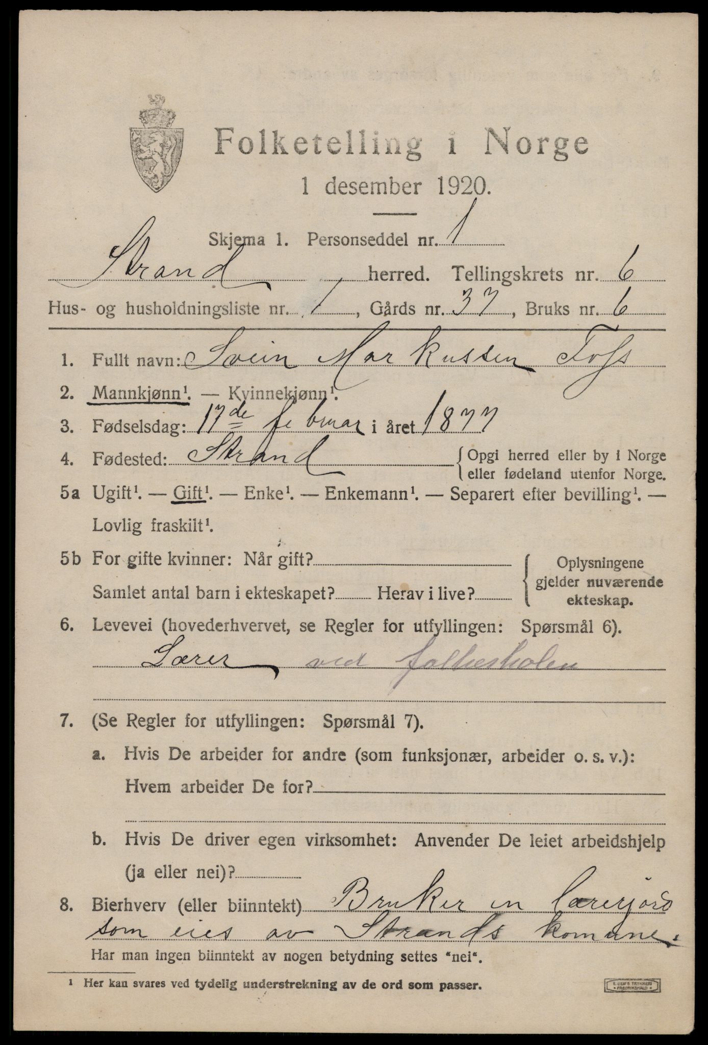 SAST, 1920 census for Strand, 1920, p. 4002