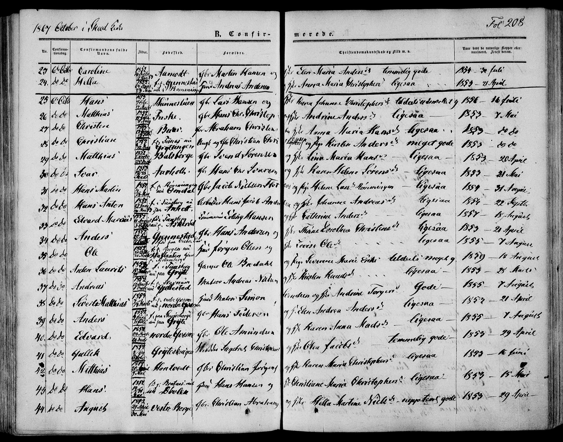 Stokke kirkebøker, SAKO/A-320/F/Fa/L0008: Parish register (official) no. I 8, 1858-1871, p. 208