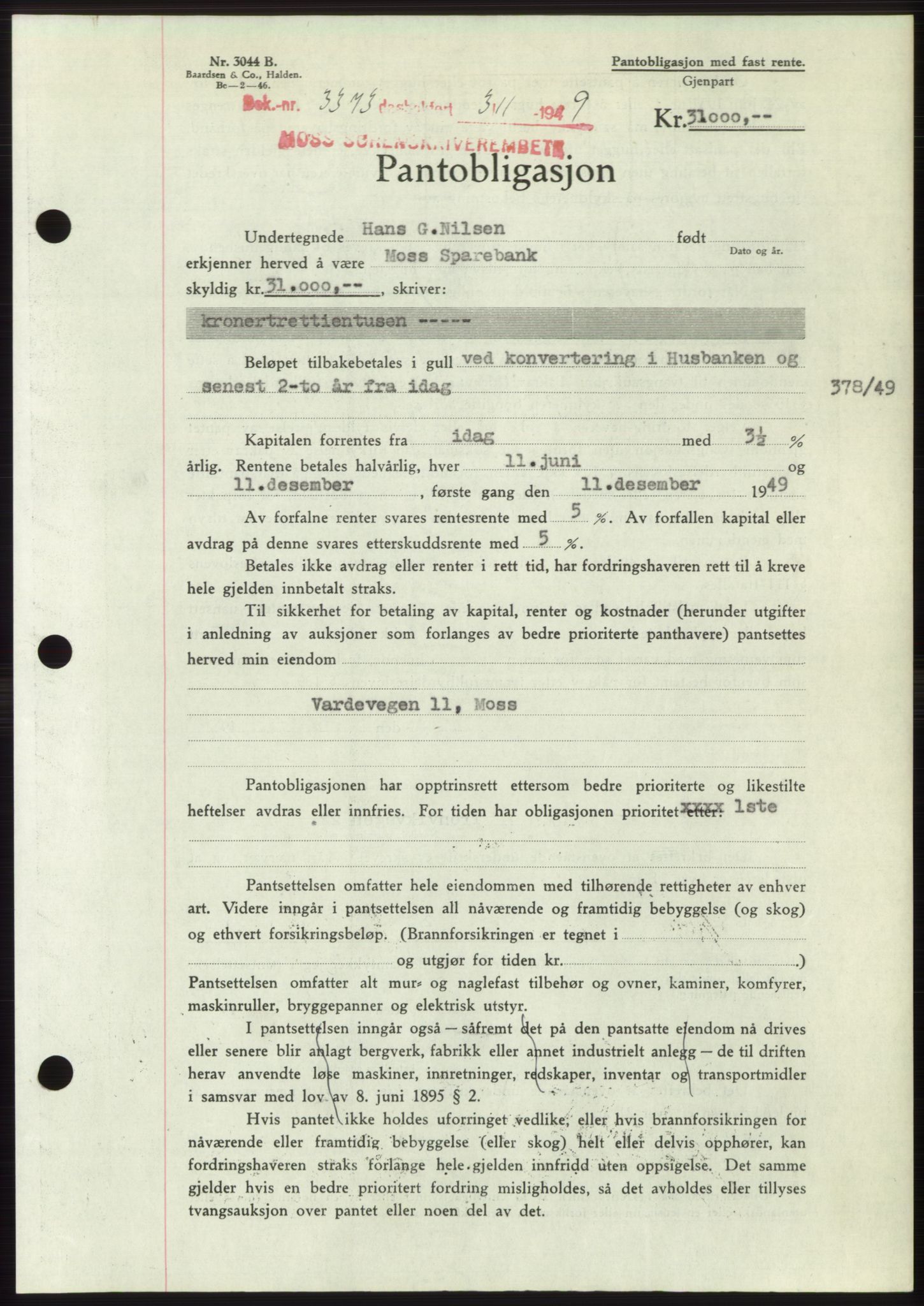 Moss sorenskriveri, SAO/A-10168: Mortgage book no. B23, 1949-1950, Diary no: : 3373/1949