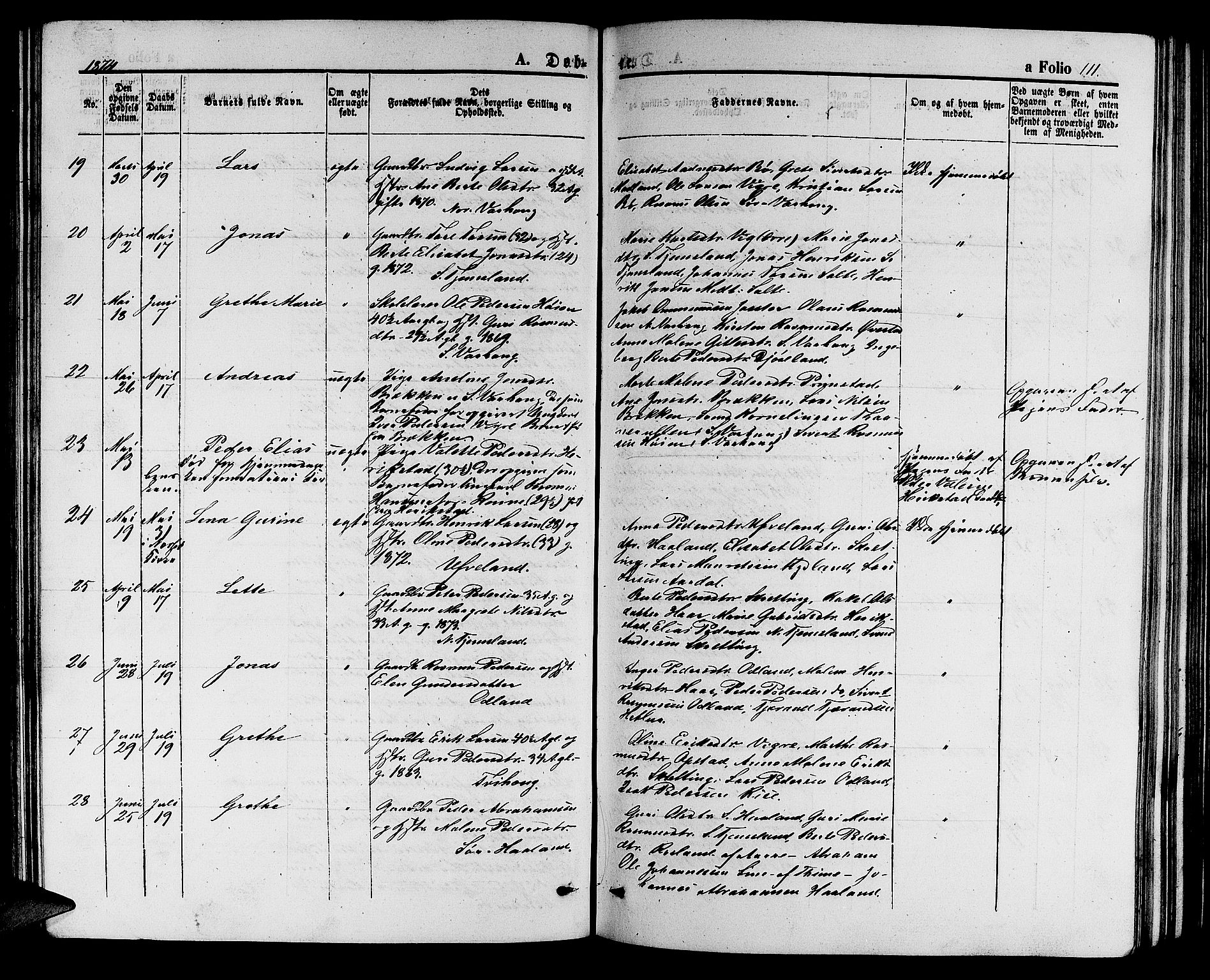 Hå sokneprestkontor, AV/SAST-A-101801/001/30BB/L0002: Parish register (copy) no. B 2, 1854-1883, p. 111