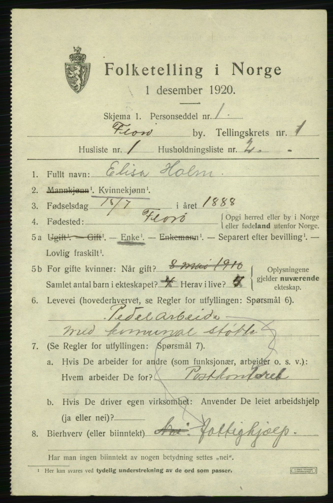 SAB, 1920 census for Florø, 1920, p. 1072