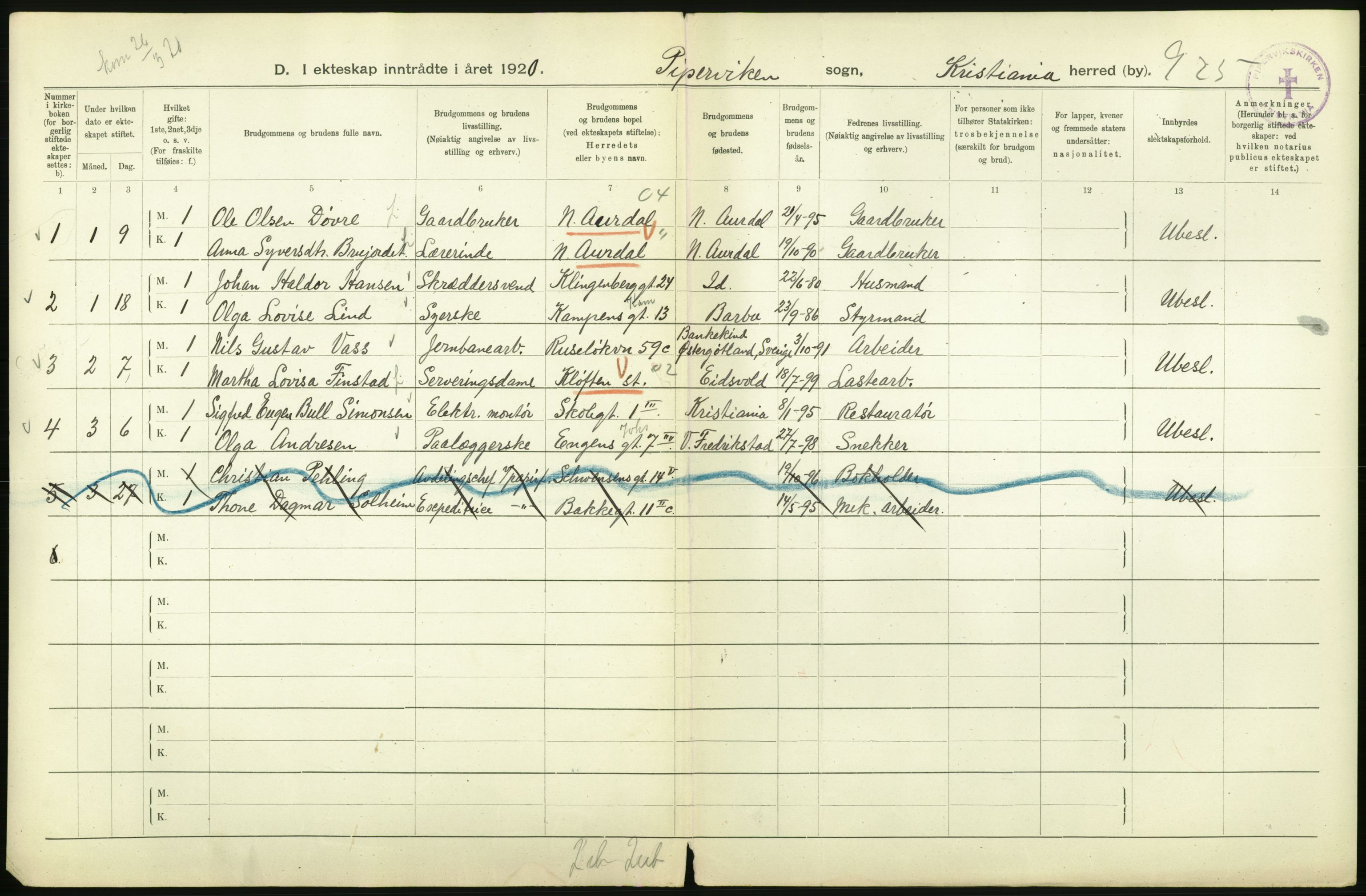 Statistisk sentralbyrå, Sosiodemografiske emner, Befolkning, RA/S-2228/D/Df/Dfb/Dfbj/L0012: Kristiania: Gifte, 1920