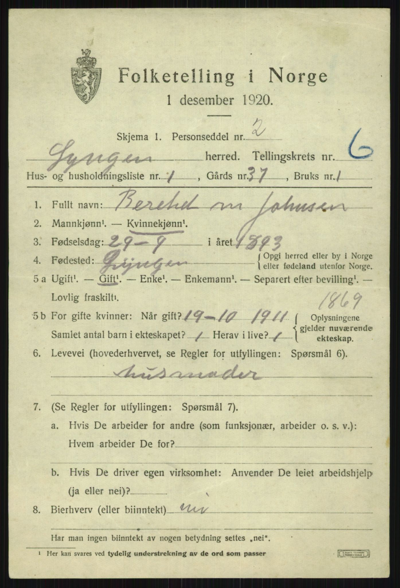 SATØ, 1920 census for Lyngen, 1920, p. 6600