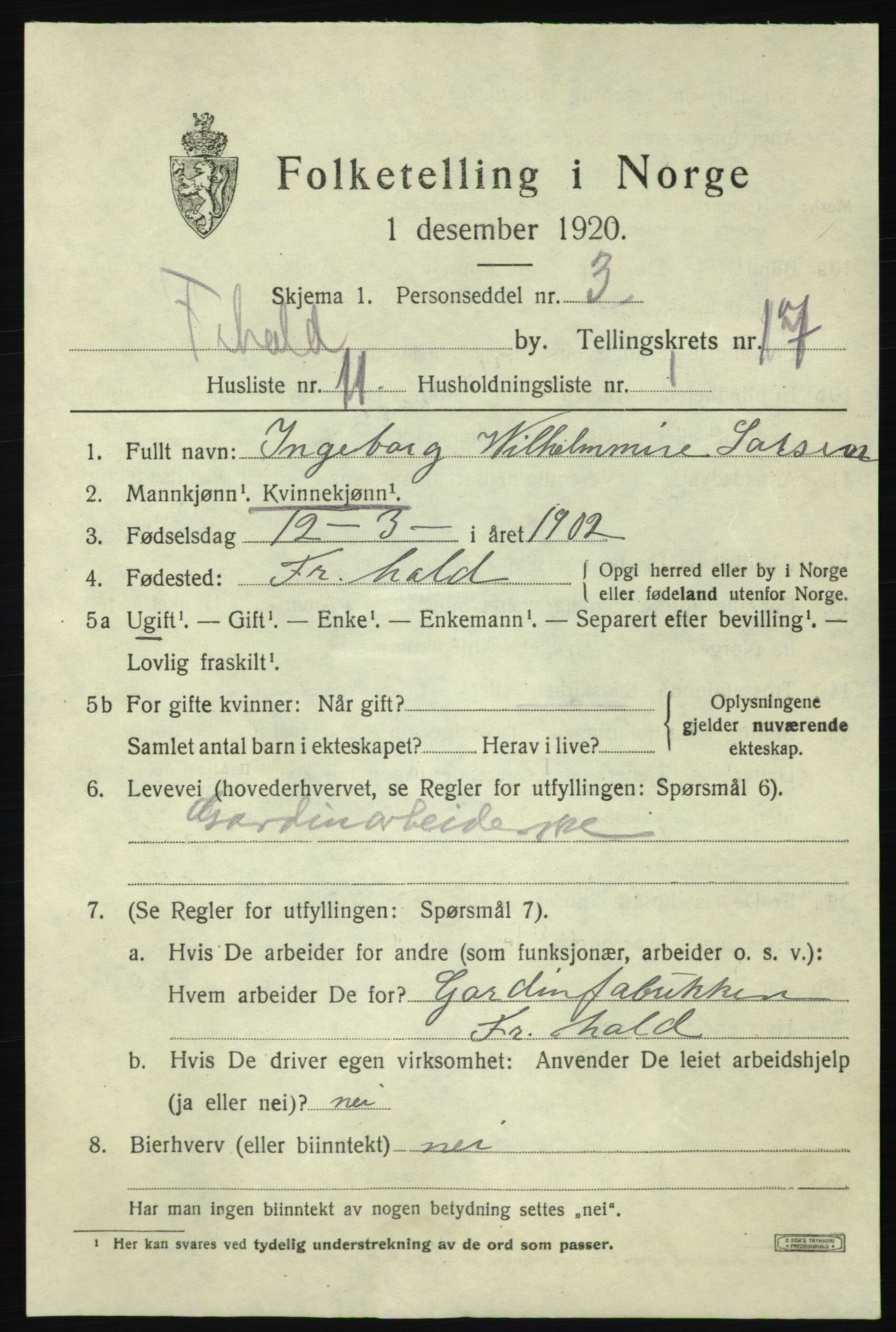 SAO, 1920 census for Fredrikshald, 1920, p. 25950