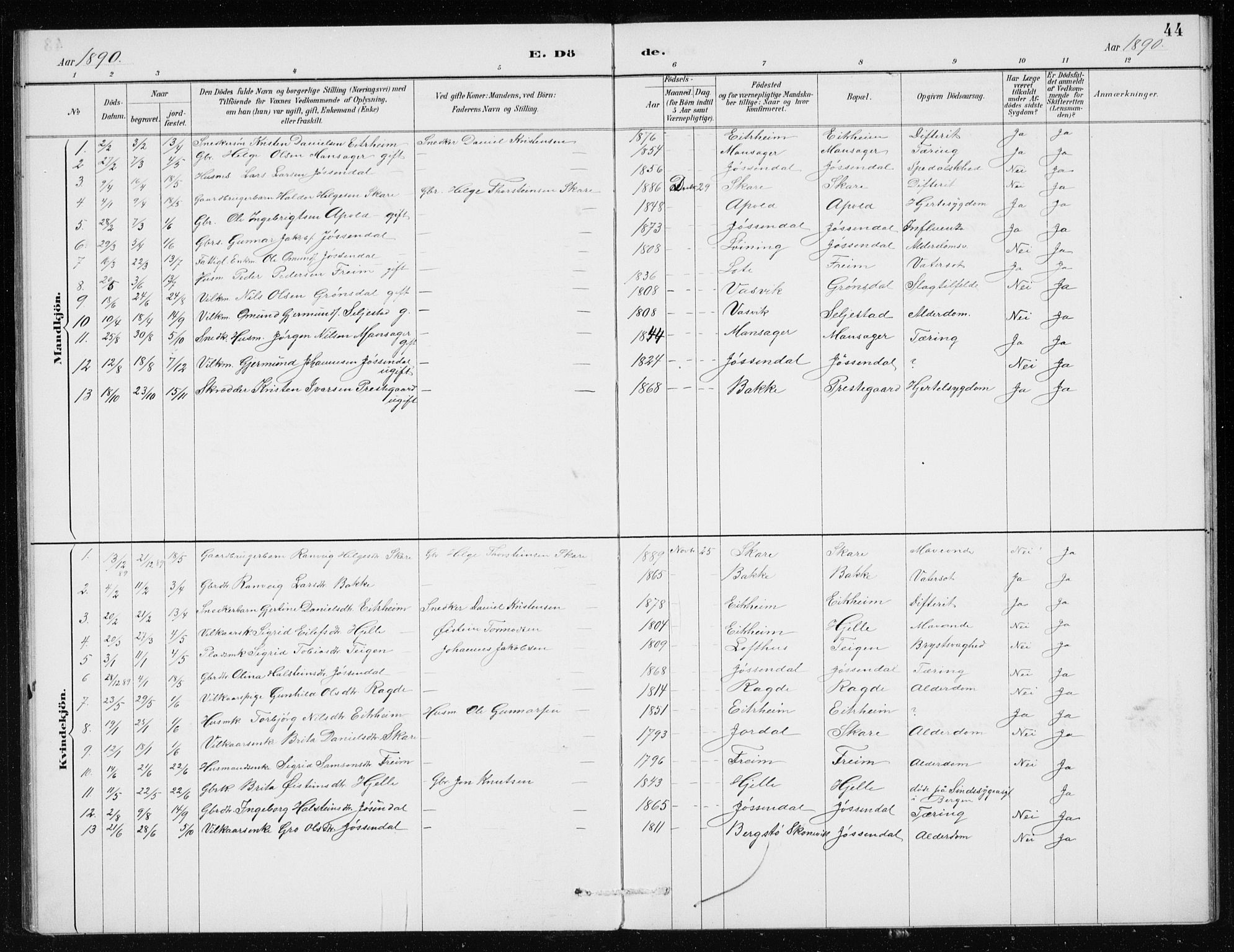 Odda Sokneprestembete, SAB/A-77201/H/Haa: Parish register (official) no. D 1, 1887-1914, p. 44