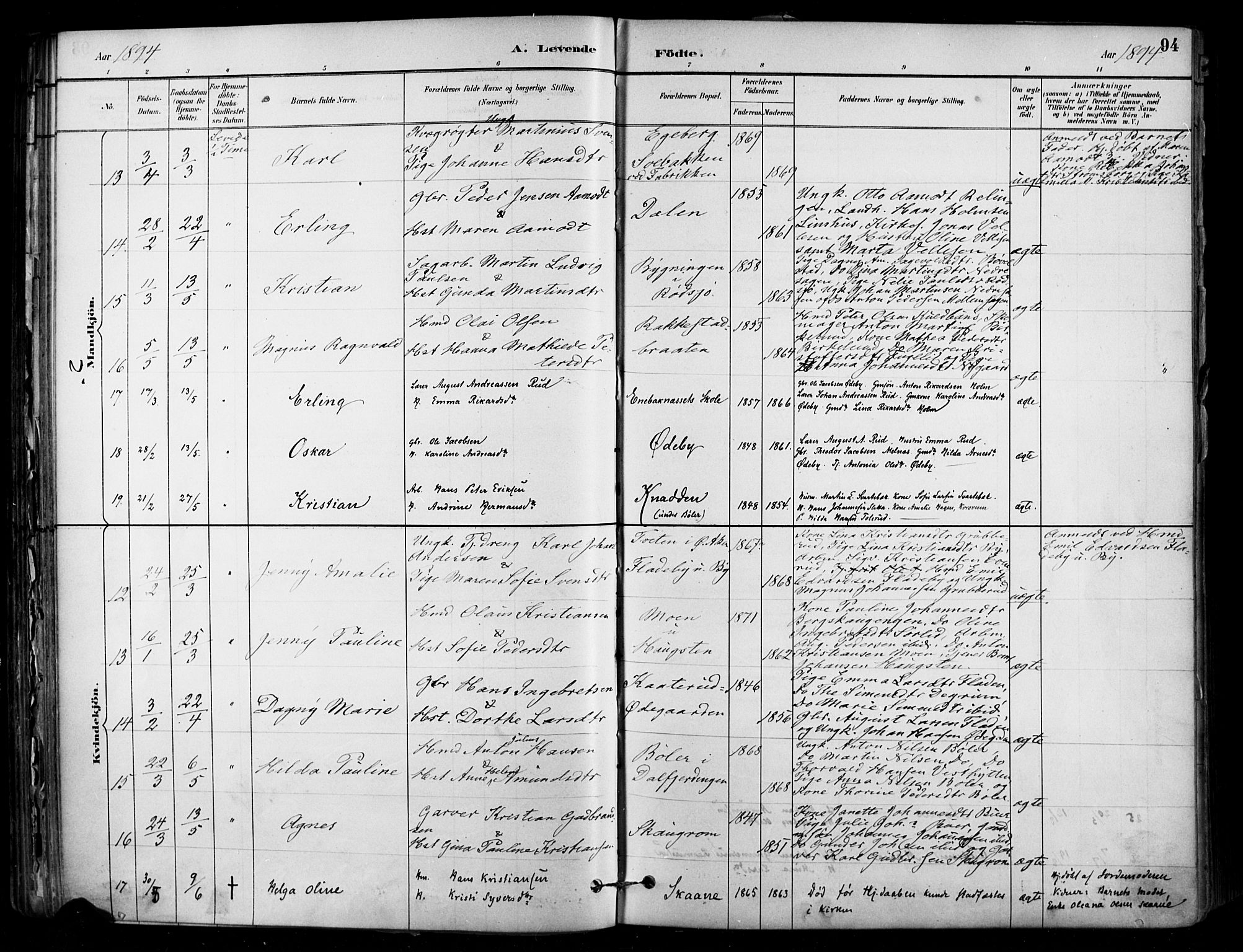 Enebakk prestekontor Kirkebøker, AV/SAO-A-10171c/F/Fa/L0016: Parish register (official) no. I 16, 1883-1898, p. 94