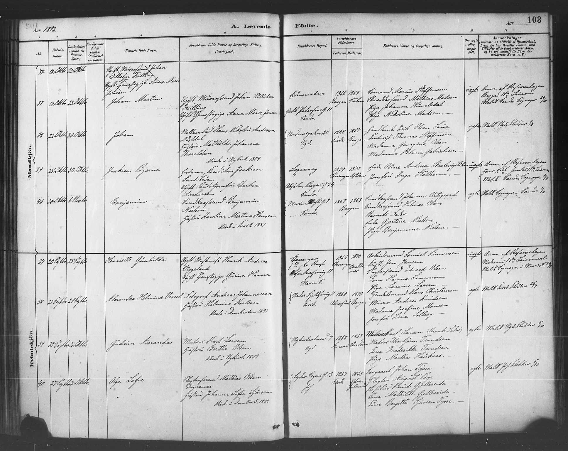 Fødselsstiftelsens sokneprestembete*, SAB/-: Parish register (official) no. A 2, 1884-1900, p. 103