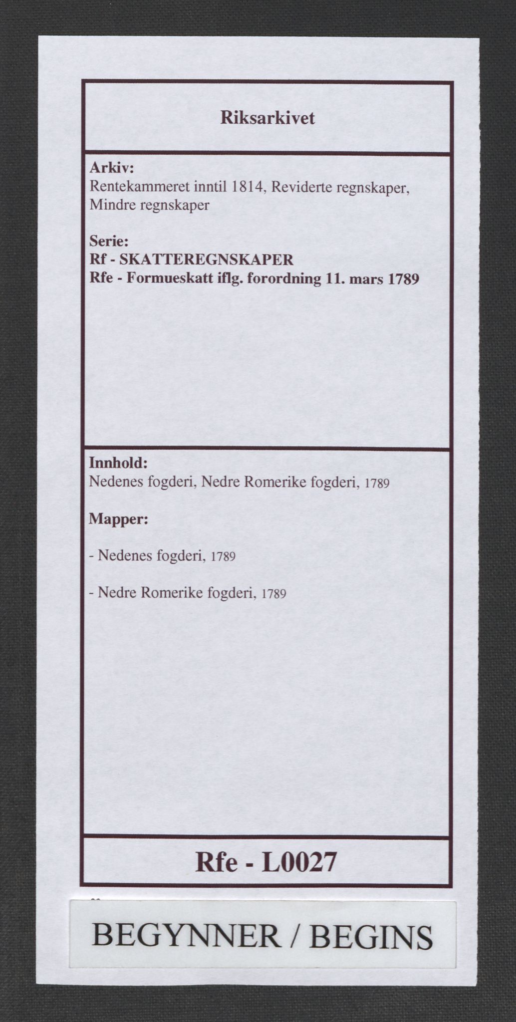 Rentekammeret inntil 1814, Reviderte regnskaper, Mindre regnskaper, AV/RA-EA-4068/Rf/Rfe/L0027: Nedenes fogderi, Nedre Romerike fogderi, 1789, p. 1