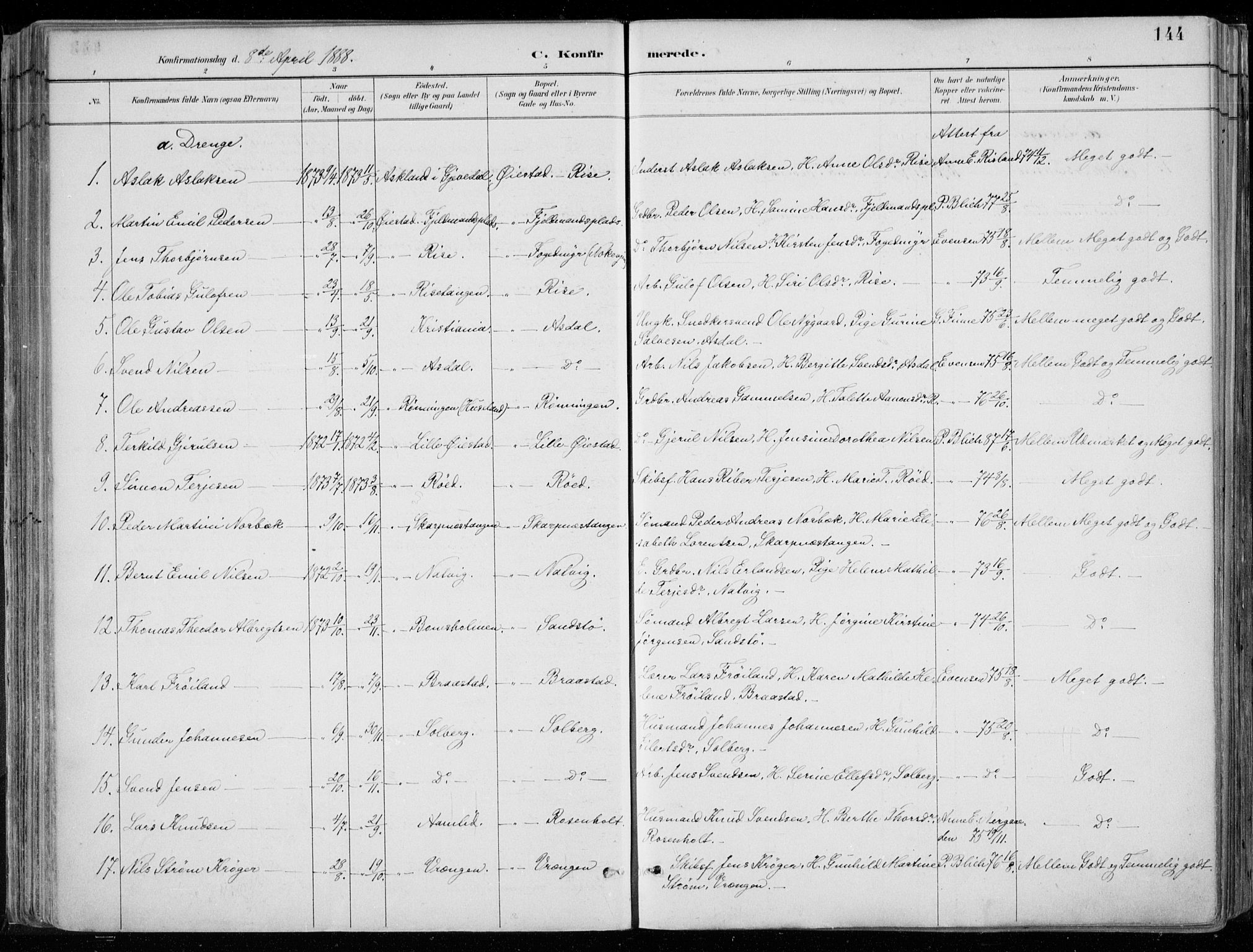 Øyestad sokneprestkontor, SAK/1111-0049/F/Fa/L0017: Parish register (official) no. A 17, 1887-1896, p. 144