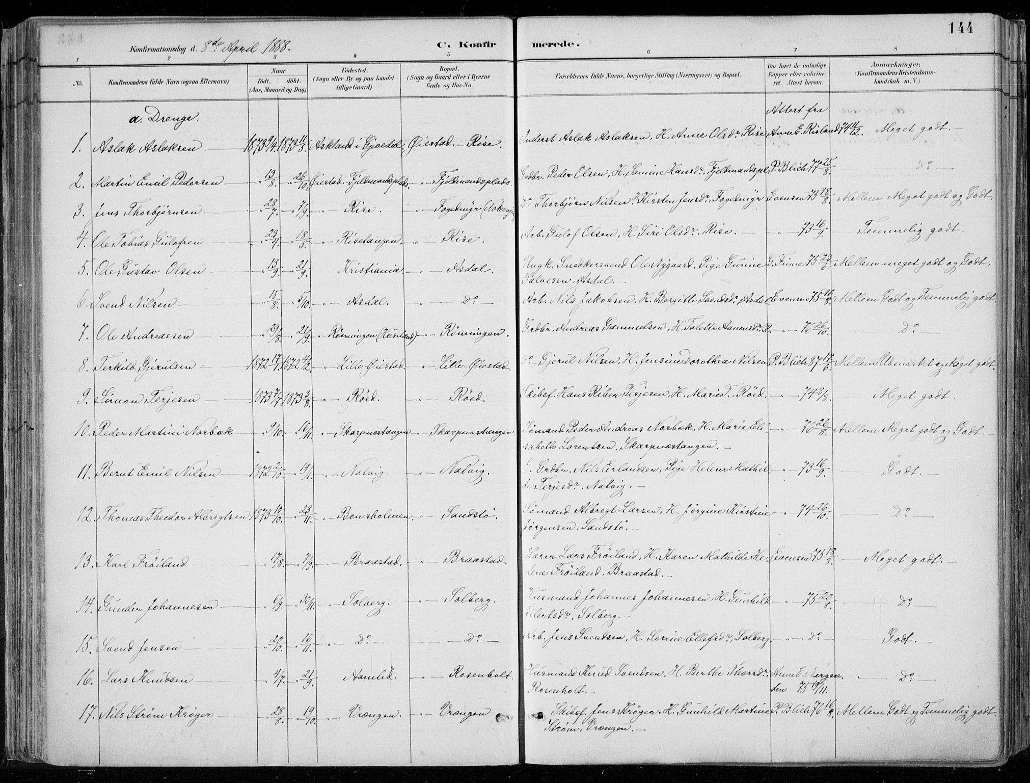 Øyestad sokneprestkontor, AV/SAK-1111-0049/F/Fa/L0017: Parish register (official) no. A 17, 1887-1896, p. 144