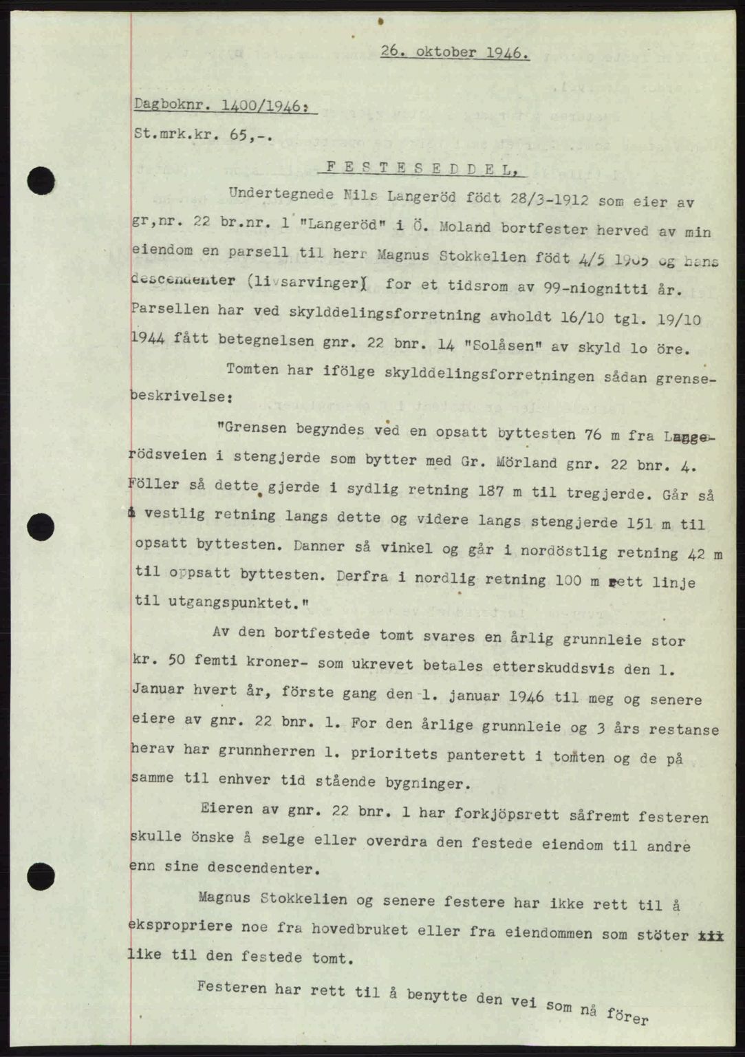 Nedenes sorenskriveri, SAK/1221-0006/G/Gb/Gba/L0056: Mortgage book no. A8, 1946-1947, Diary no: : 1400/1946