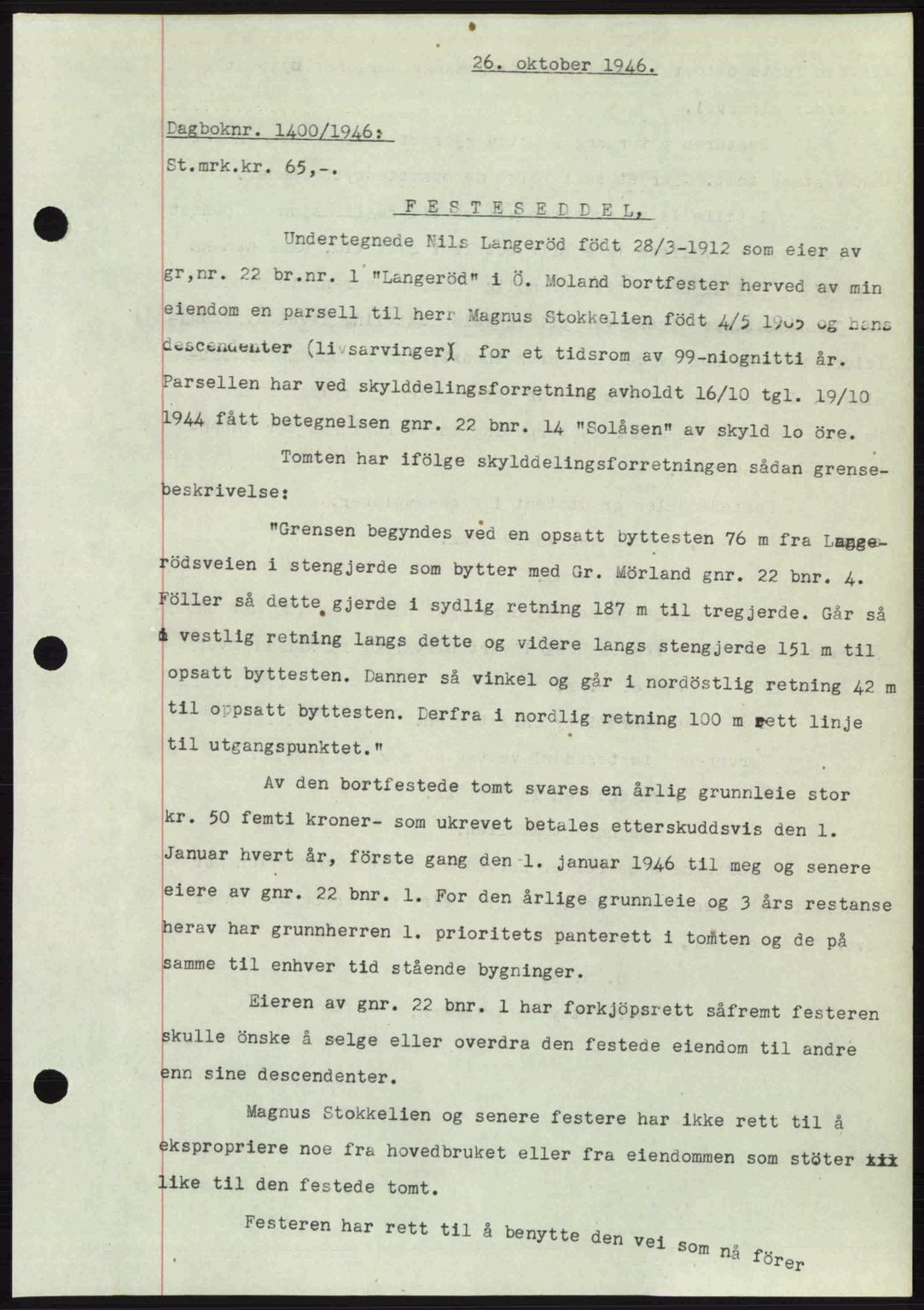 Nedenes sorenskriveri, AV/SAK-1221-0006/G/Gb/Gba/L0056: Mortgage book no. A8, 1946-1947, Diary no: : 1400/1946