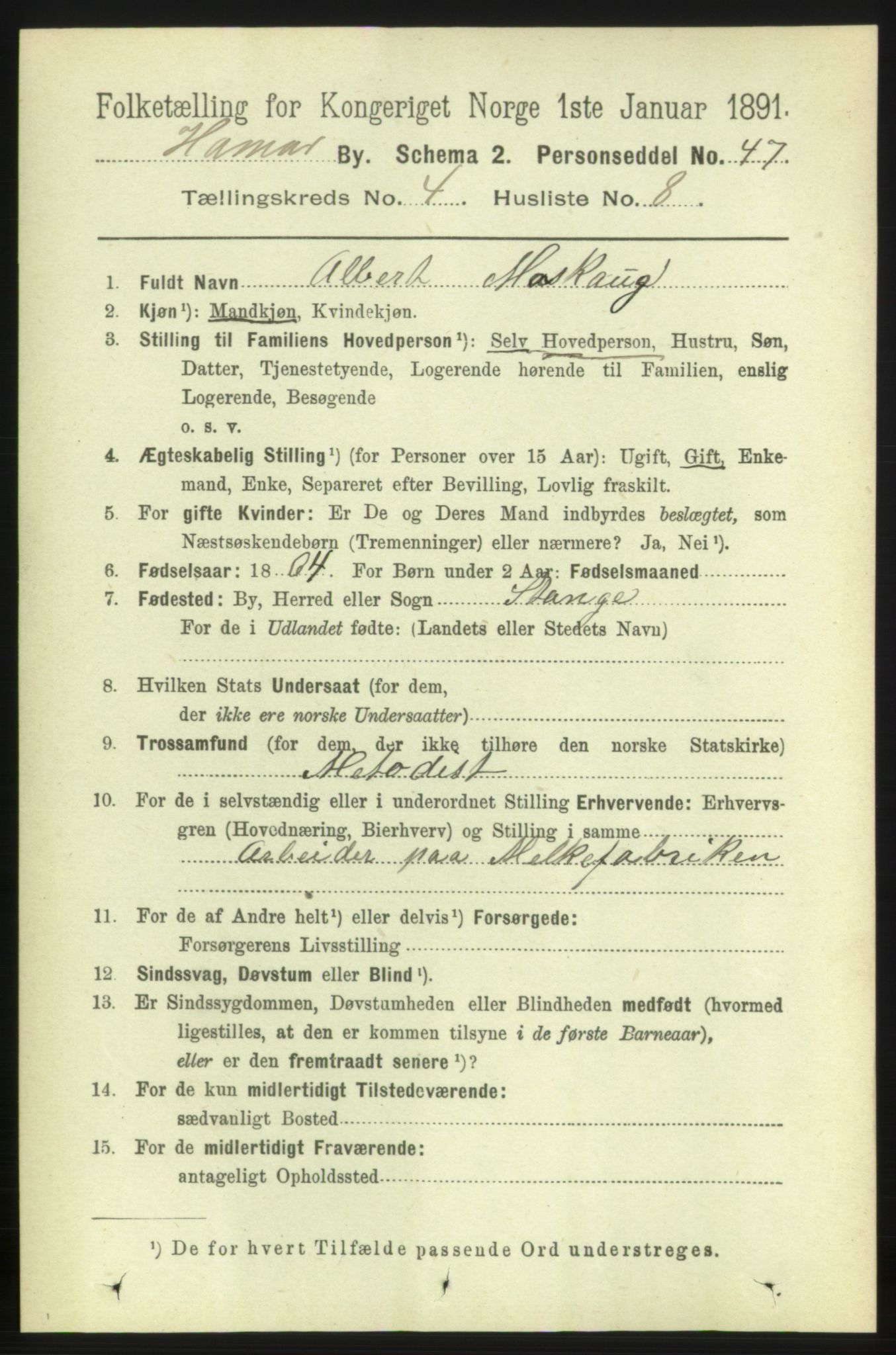 RA, 1891 census for 0401 Hamar, 1891, p. 2843