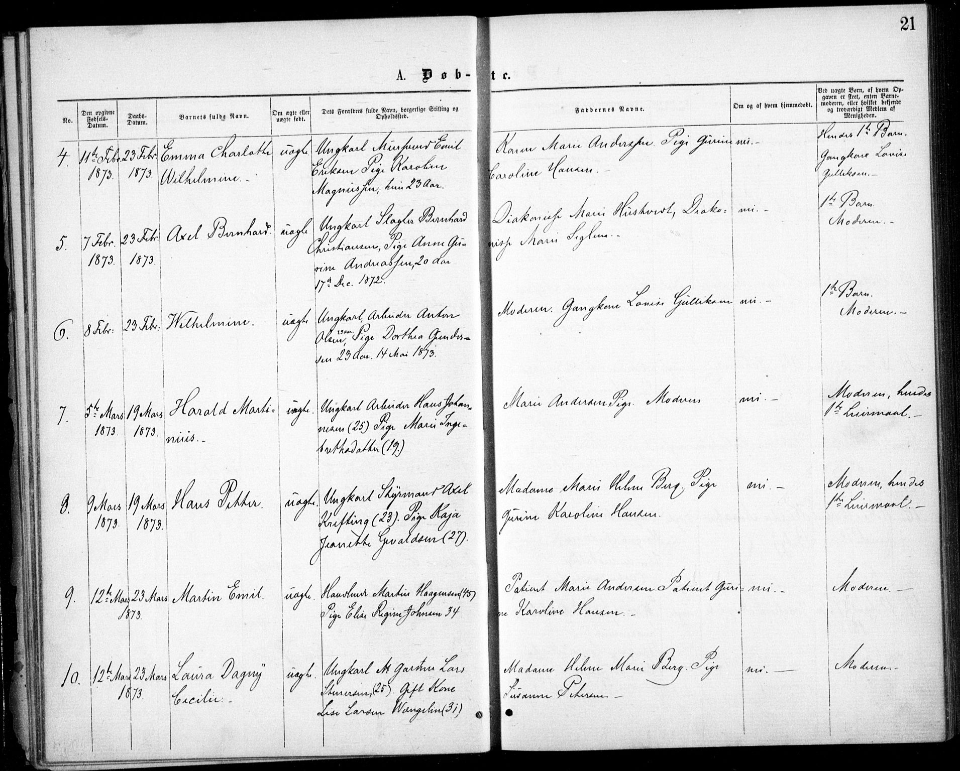 Krohgstøtten sykehusprest Kirkebøker, SAO/A-10854/F/Fa/L0001: Parish register (official) no. 1, 1865-1873, p. 21