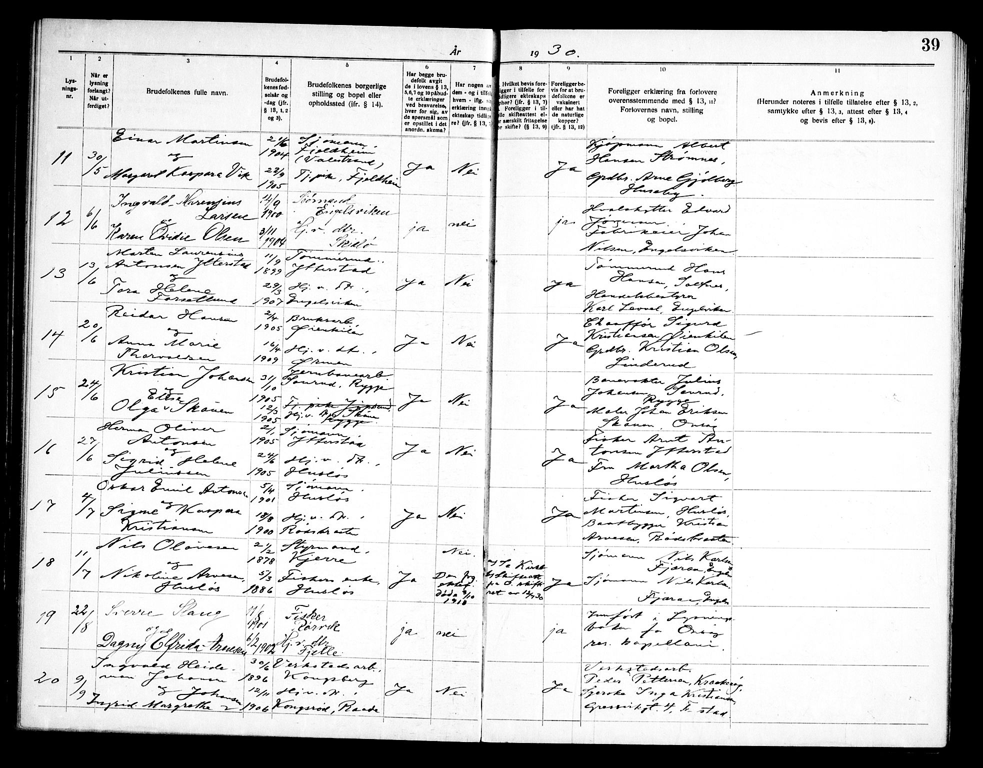Onsøy prestekontor Kirkebøker, AV/SAO-A-10914/H/Ha/L0001: Banns register no. I 1, 1919-1956, p. 39