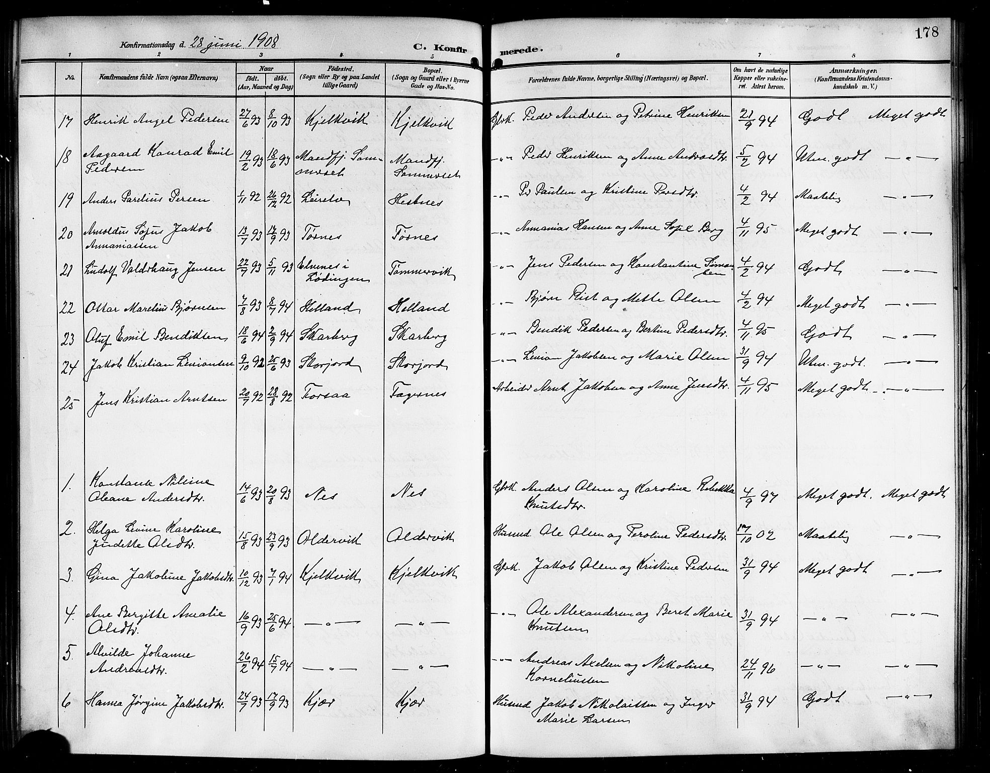 Ministerialprotokoller, klokkerbøker og fødselsregistre - Nordland, AV/SAT-A-1459/861/L0877: Parish register (copy) no. 861C03, 1903-1919, p. 178