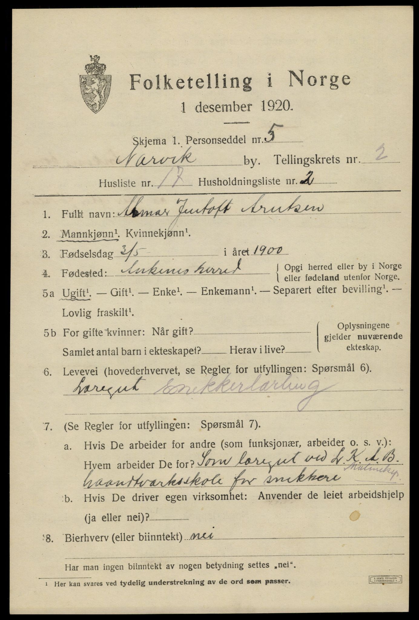 SAT, 1920 census for Narvik, 1920, p. 8318
