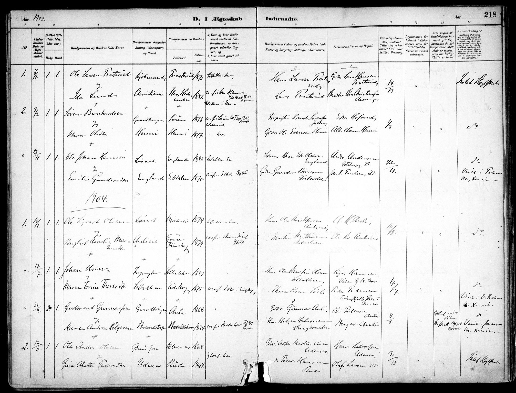 Nes prestekontor Kirkebøker, SAO/A-10410/F/Fc/L0002: Parish register (official) no. IIi 2, 1882-1916, p. 218