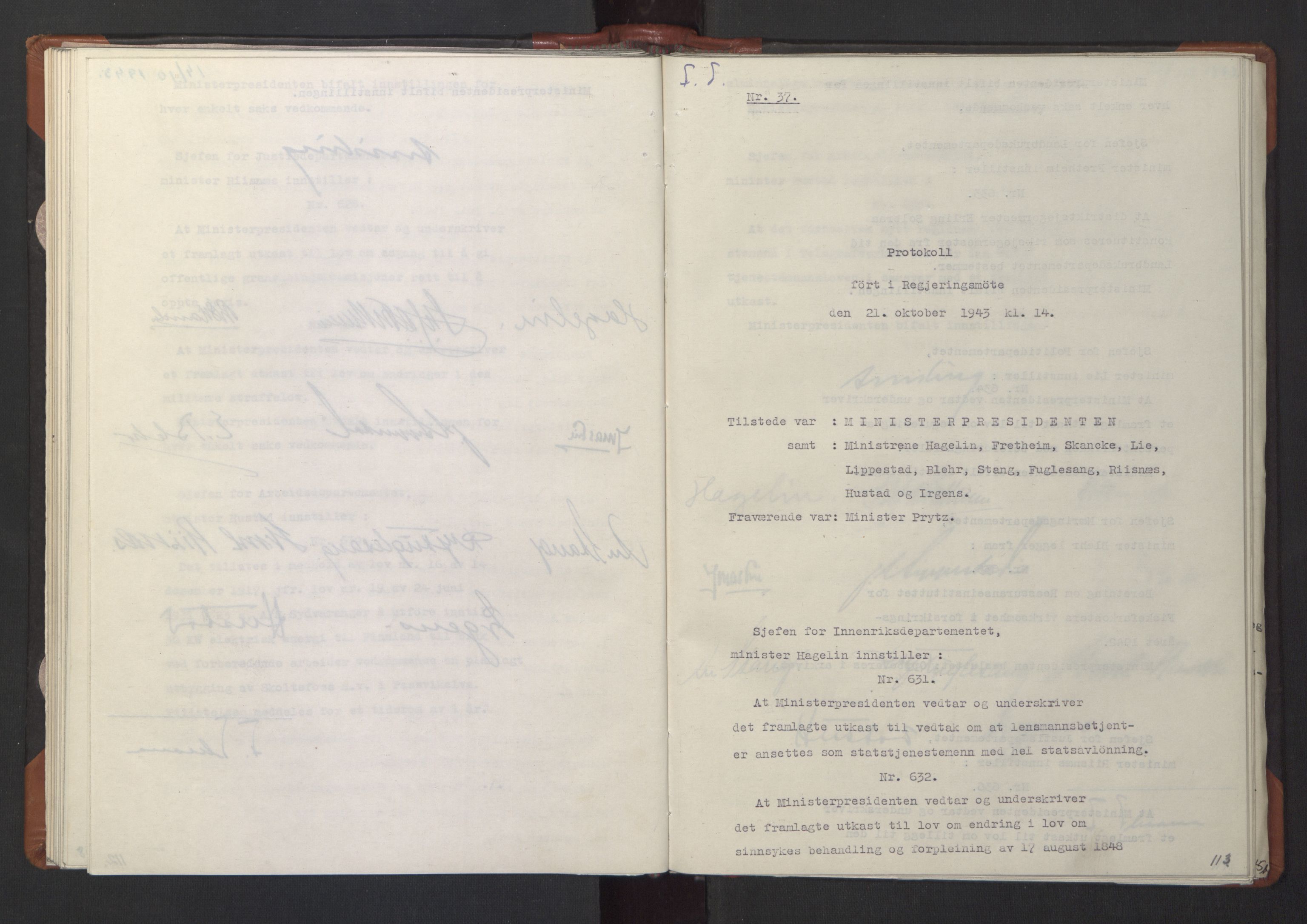 NS-administrasjonen 1940-1945 (Statsrådsekretariatet, de kommisariske statsråder mm), AV/RA-S-4279/D/Da/L0003: Vedtak (Beslutninger) nr. 1-746 og tillegg nr. 1-47 (RA. j.nr. 1394/1944, tilgangsnr. 8/1944, 1943, p. 115