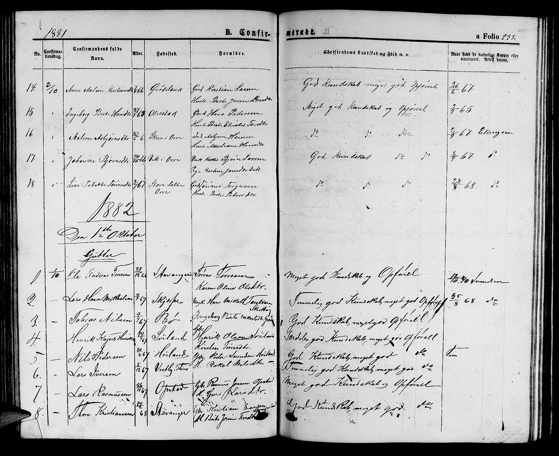 Hå sokneprestkontor, SAST/A-101801/001/30BB/L0001: Parish register (copy) no. B 1, 1854-1883, p. 238