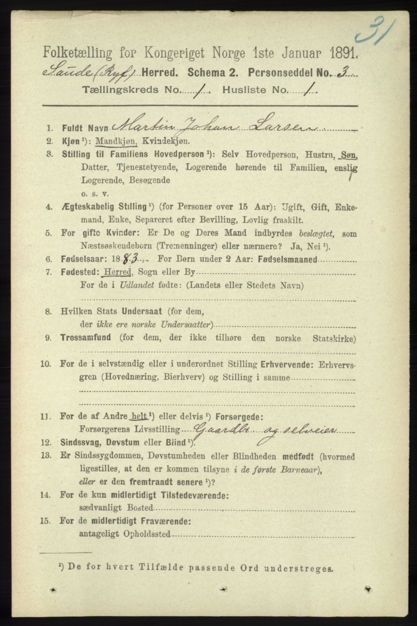 RA, 1891 census for 1135 Sauda, 1891, p. 100