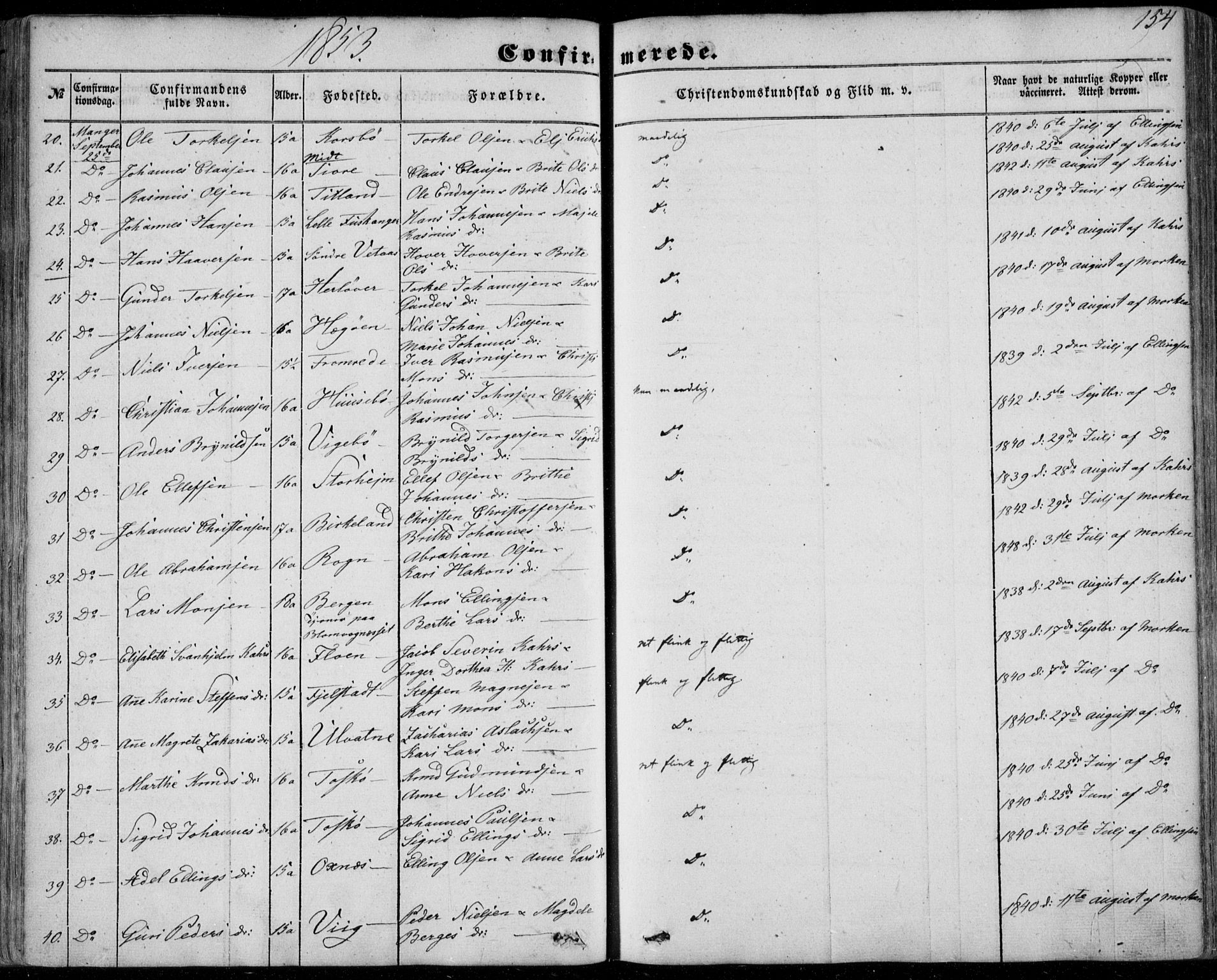 Manger sokneprestembete, SAB/A-76801/H/Haa: Parish register (official) no. A 6, 1849-1859, p. 154