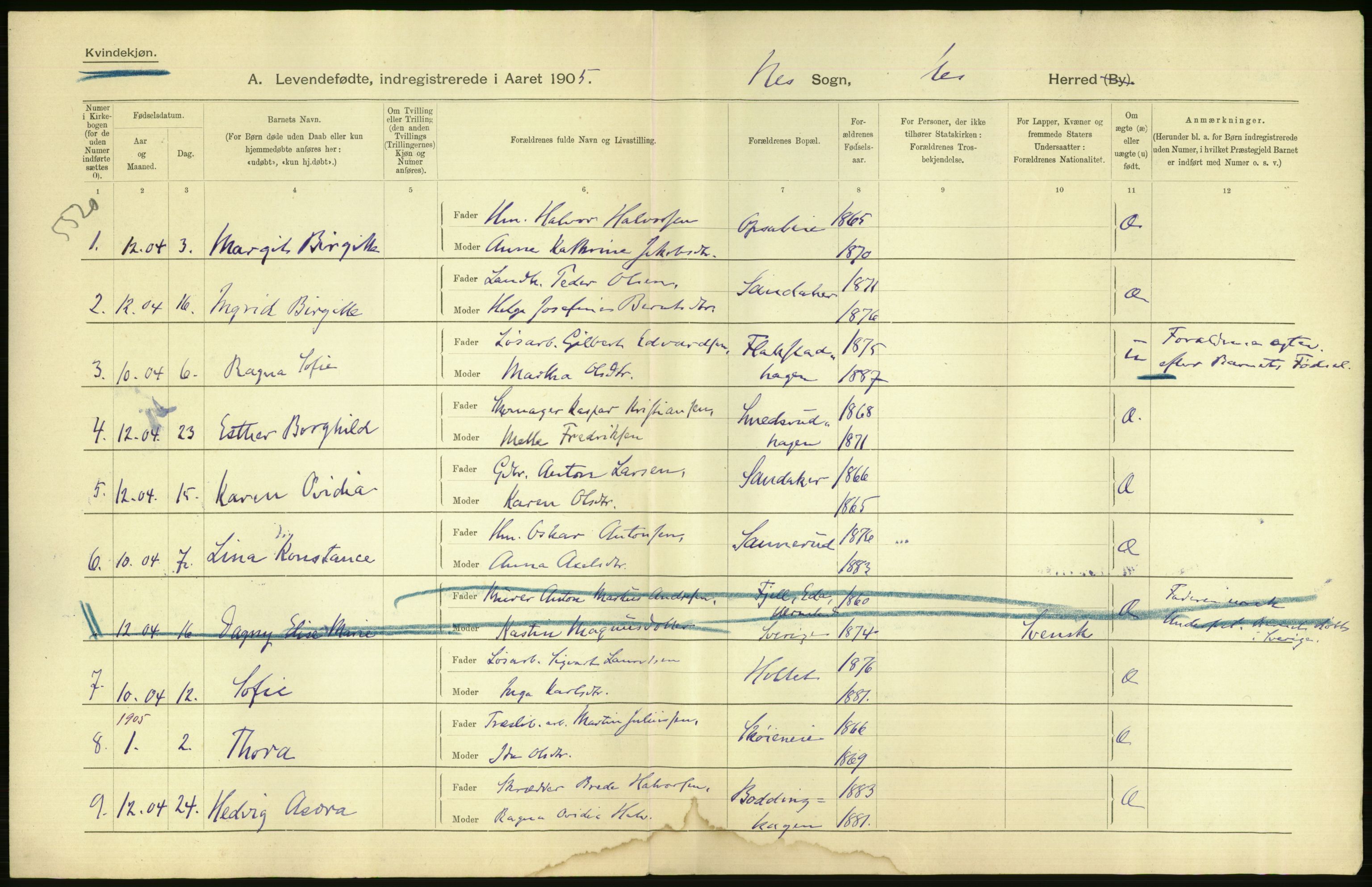 Statistisk sentralbyrå, Sosiodemografiske emner, Befolkning, AV/RA-S-2228/D/Df/Dfa/Dfac/L0012: Buskeruds amt: Fødte. Bygder., 1905, p. 2