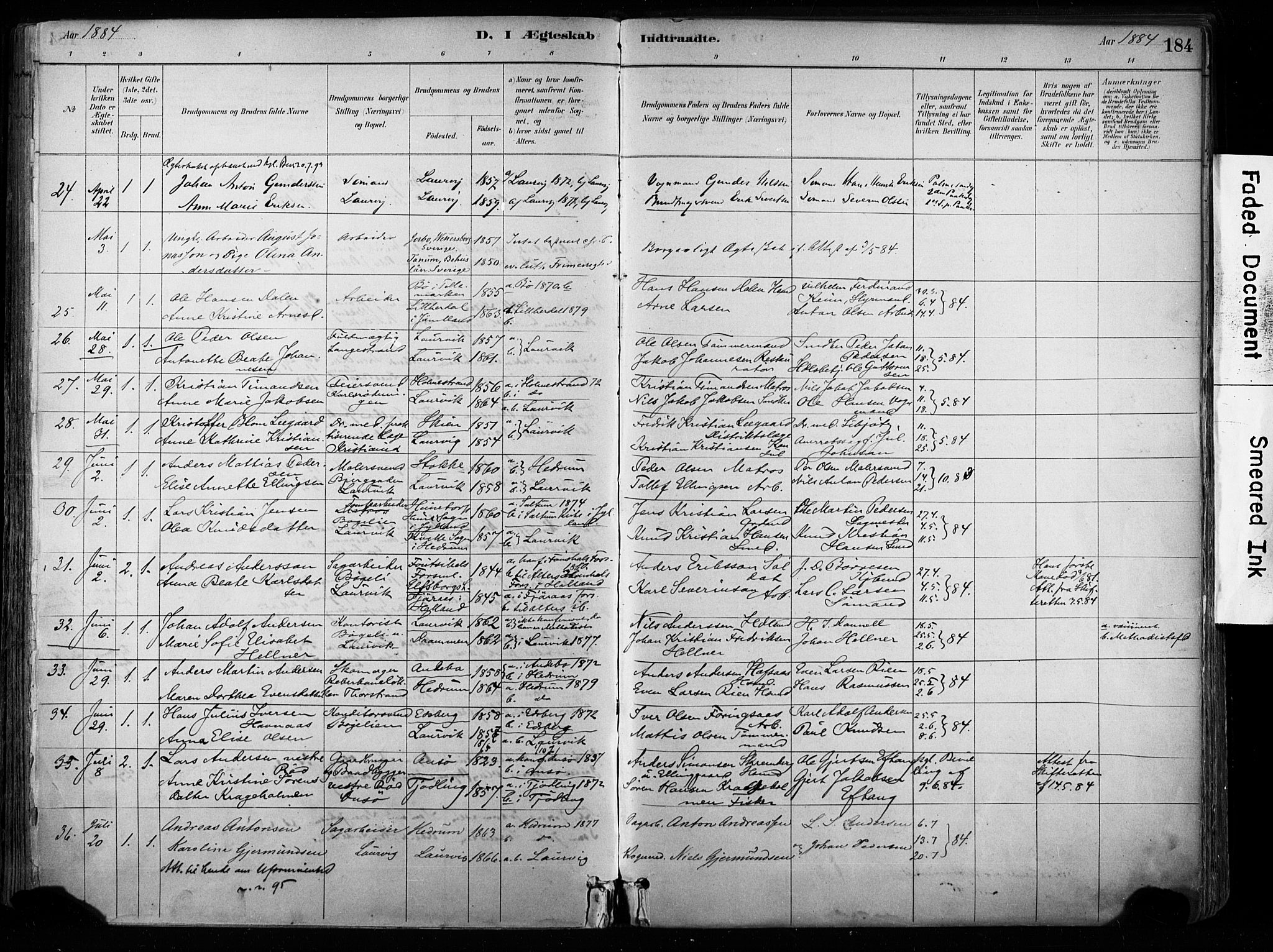 Larvik kirkebøker, AV/SAKO-A-352/F/Fa/L0008: Parish register (official) no. I 8, 1884-1902, p. 184