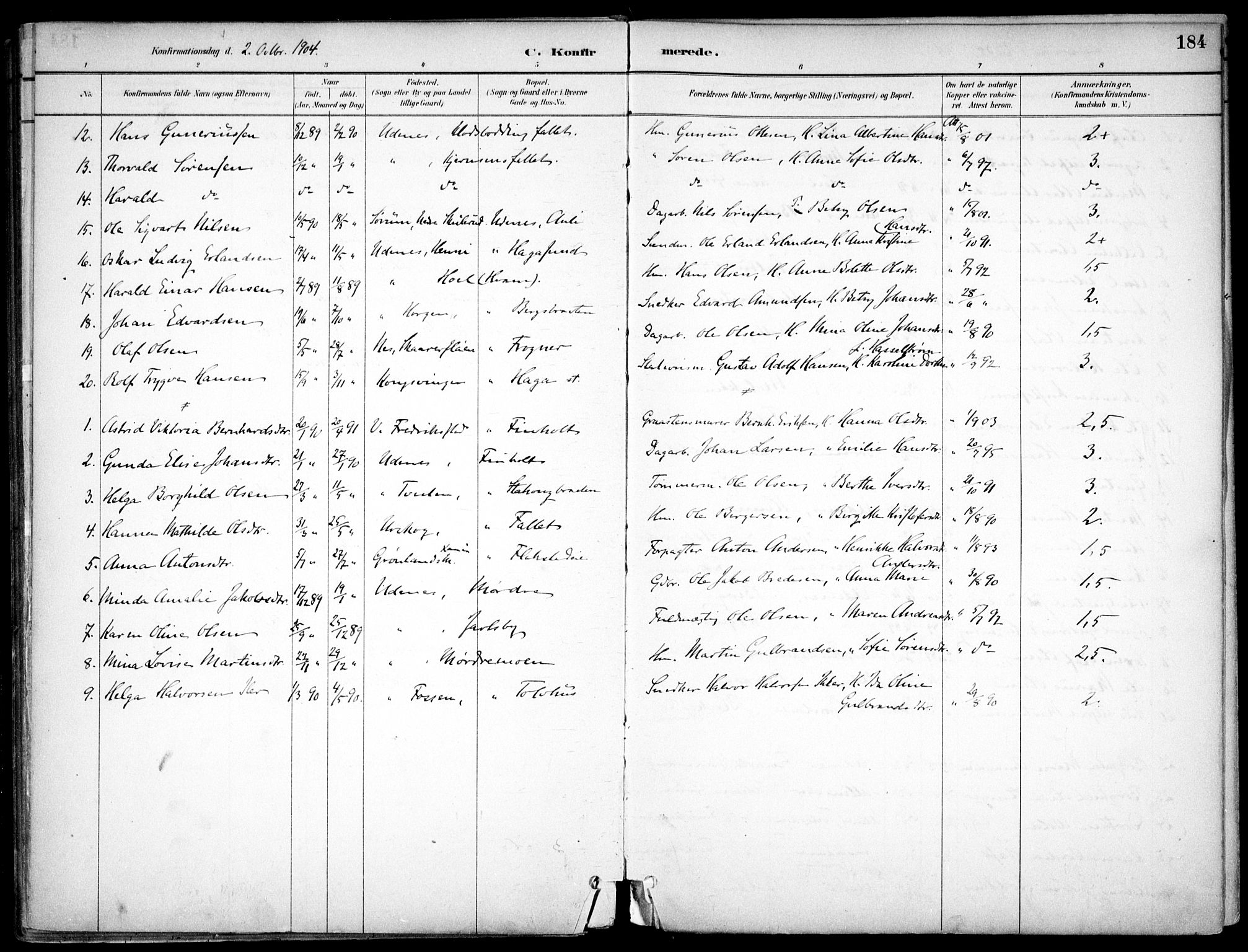 Nes prestekontor Kirkebøker, SAO/A-10410/F/Fc/L0002: Parish register (official) no. IIi 2, 1882-1916, p. 184