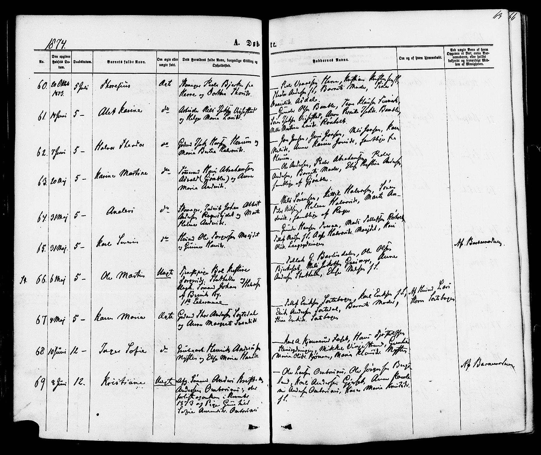 Bamble kirkebøker, AV/SAKO-A-253/F/Fa/L0006: Parish register (official) no. I 6, 1869-1877, p. 63