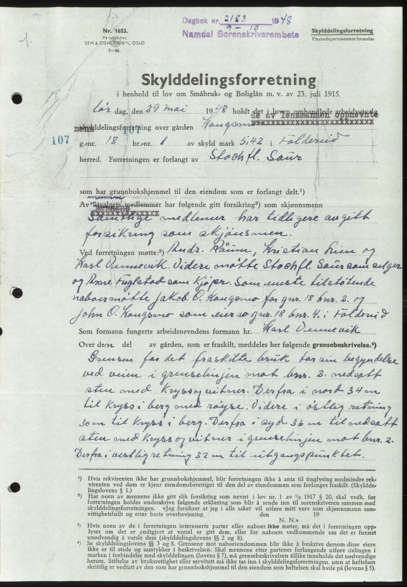 Namdal sorenskriveri, AV/SAT-A-4133/1/2/2C: Mortgage book no. -, 1948-1948, Diary no: : 2188/1948