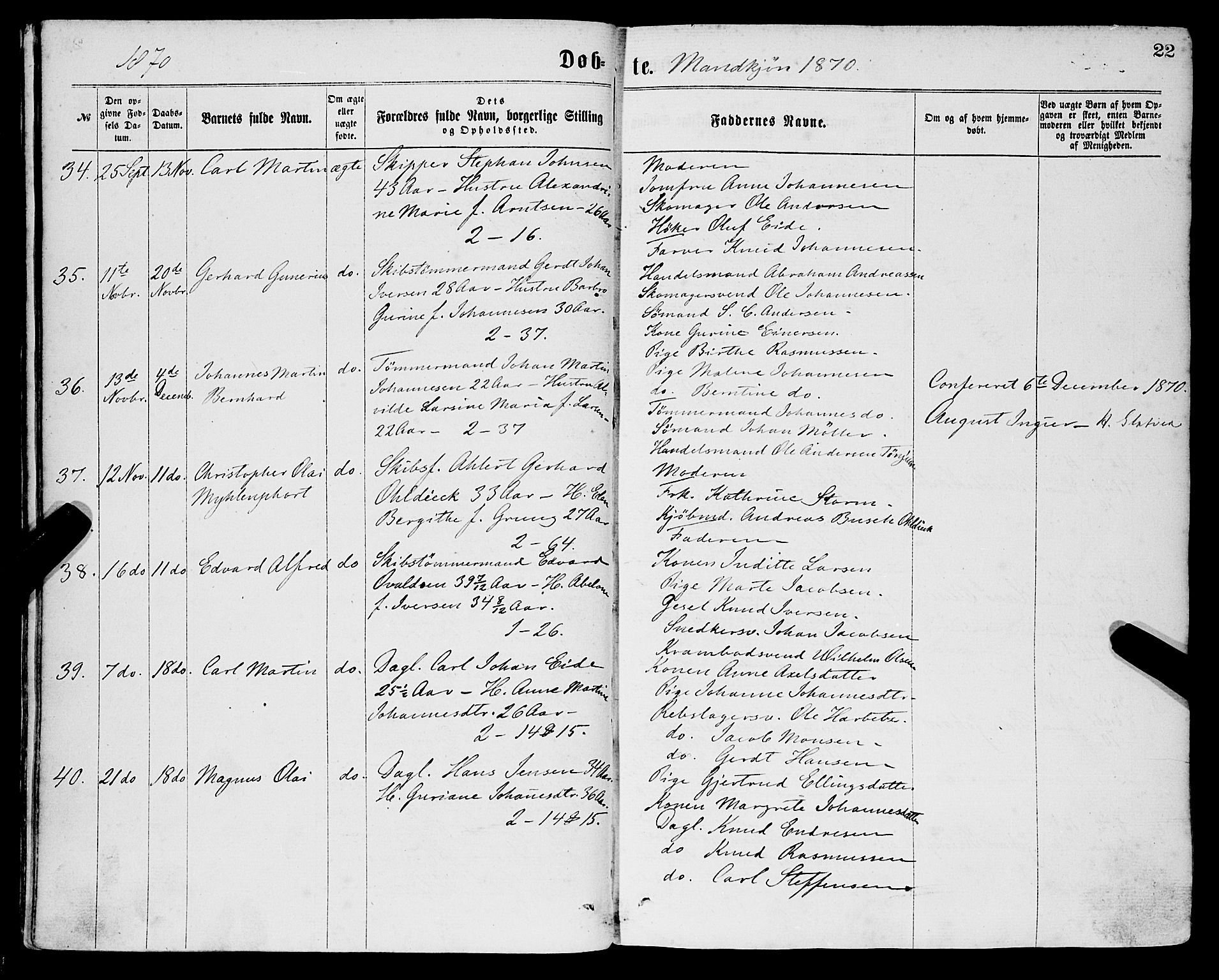 Sandviken Sokneprestembete, AV/SAB-A-77601/H/Ha/L0001: Parish register (official) no. A 1, 1867-1877, p. 22