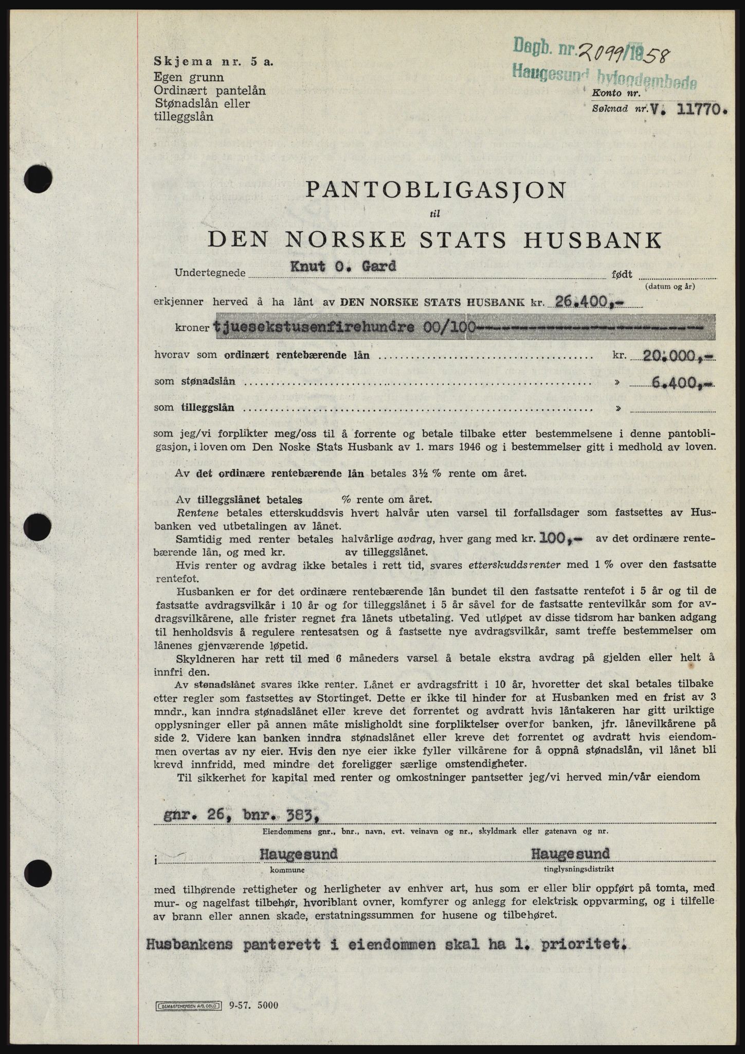 Haugesund tingrett, SAST/A-101415/01/II/IIC/L0044: Mortgage book no. B 44, 1958-1959, Diary no: : 2099/1958