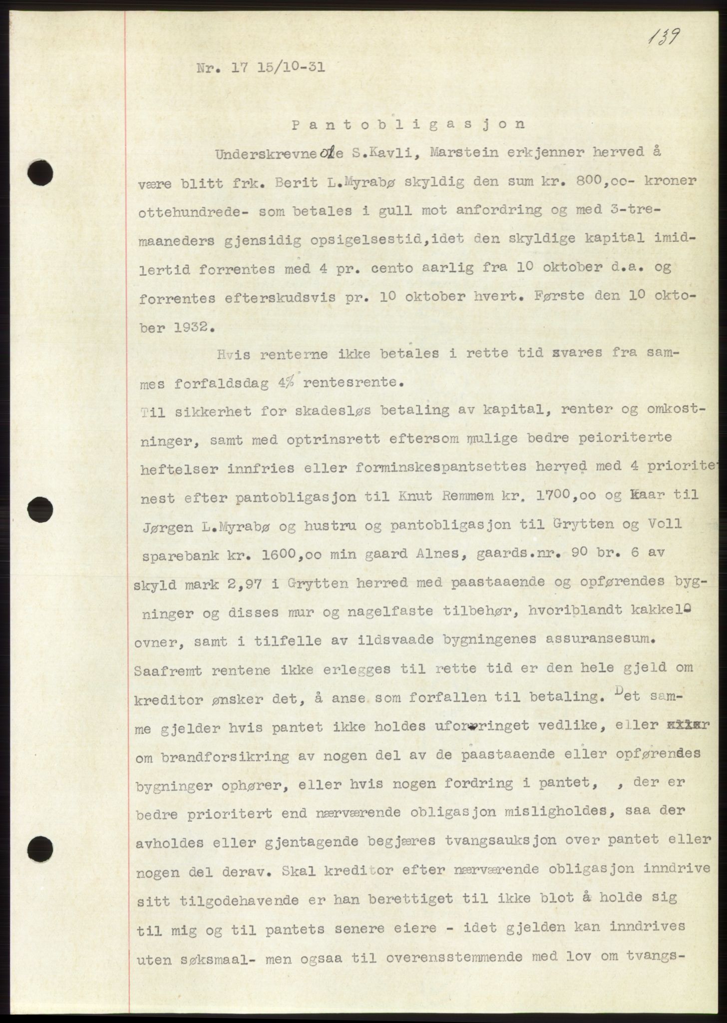 Romsdal sorenskriveri, AV/SAT-A-4149/1/2/2C/L0060: Mortgage book no. 54, 1931-1932, Deed date: 15.10.1931