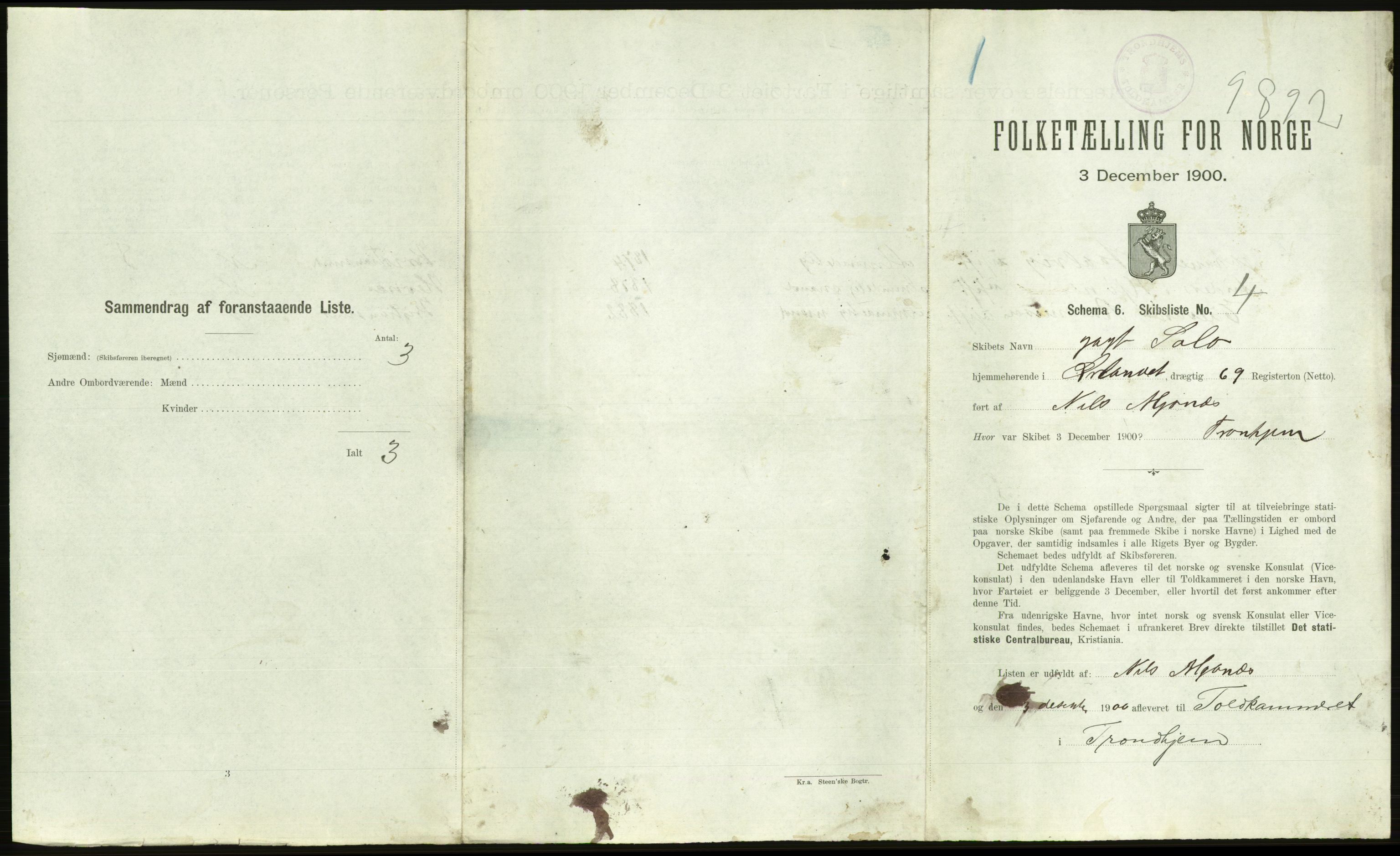 RA, 1900 Census - ship lists from ships in Norwegian harbours, harbours abroad and at sea, 1900, p. 2303