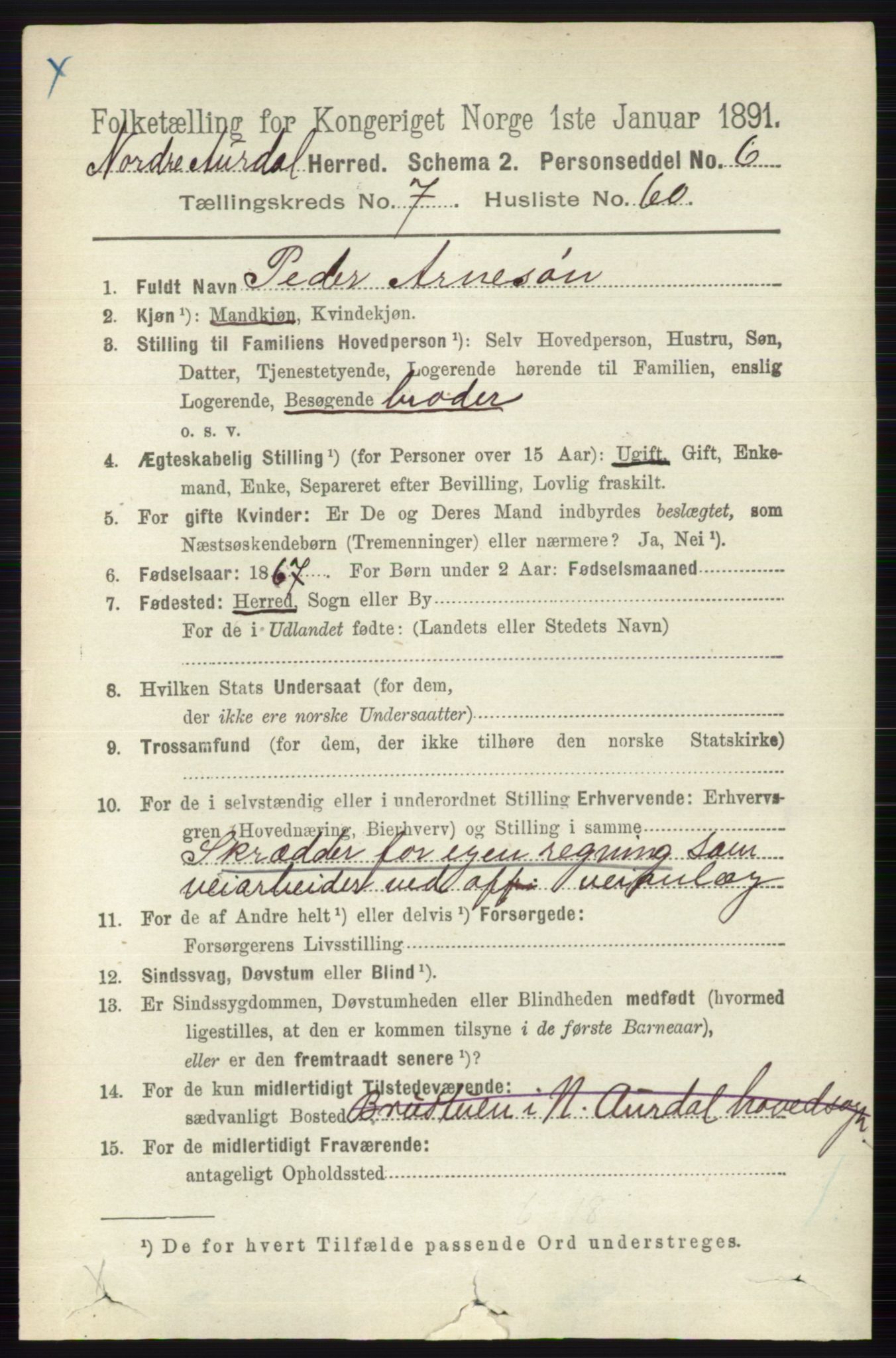 RA, 1891 census for 0542 Nord-Aurdal, 1891, p. 2703