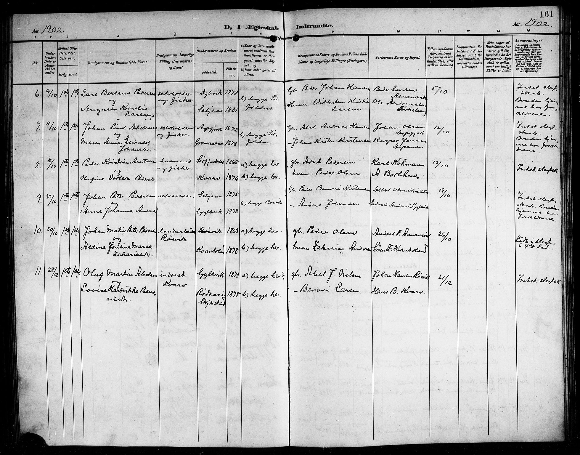 Ministerialprotokoller, klokkerbøker og fødselsregistre - Nordland, AV/SAT-A-1459/854/L0786: Parish register (copy) no. 854C02, 1901-1912, p. 161