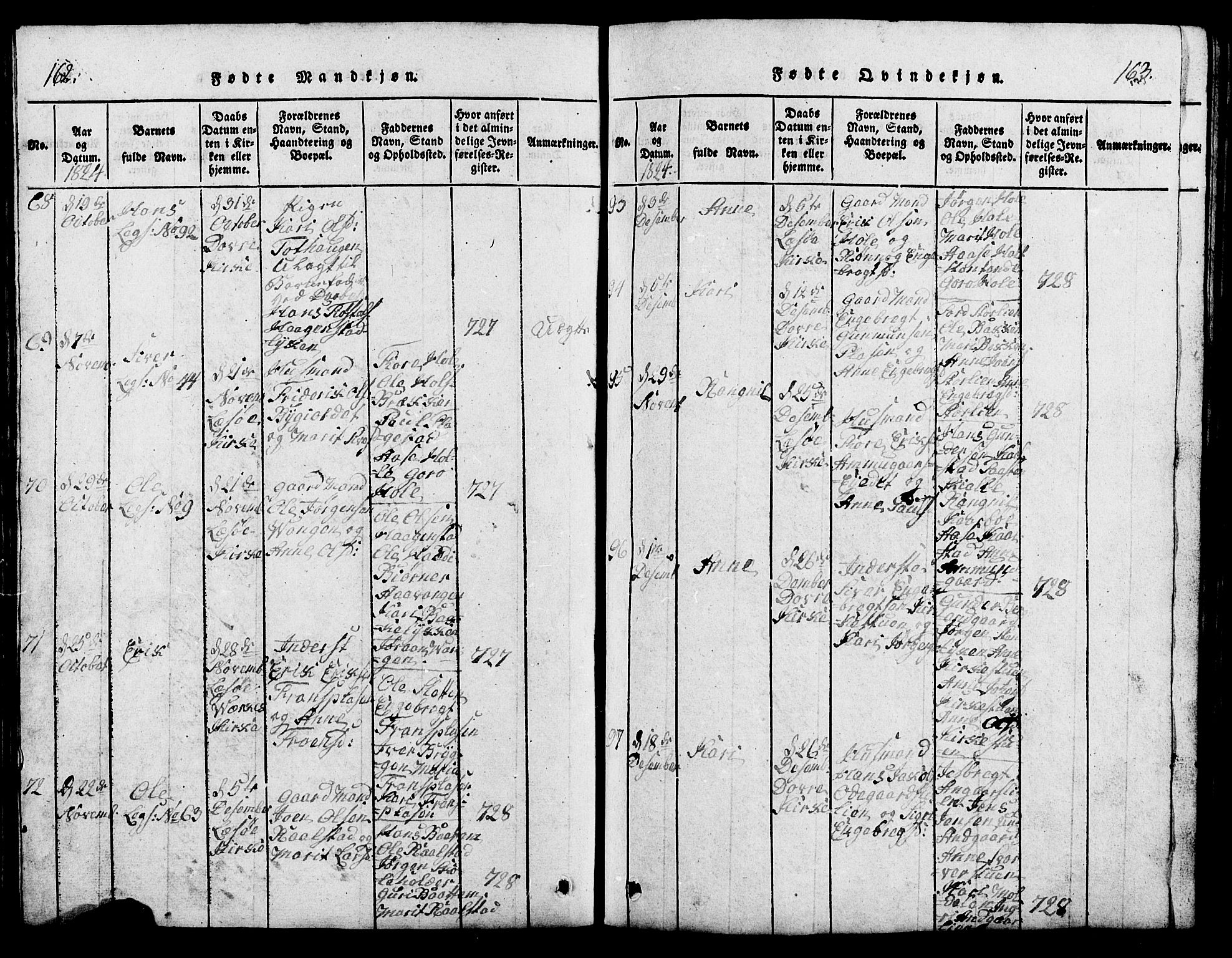 Lesja prestekontor, SAH/PREST-068/H/Ha/Hab/L0001: Parish register (copy) no. 1, 1820-1831, p. 162-163