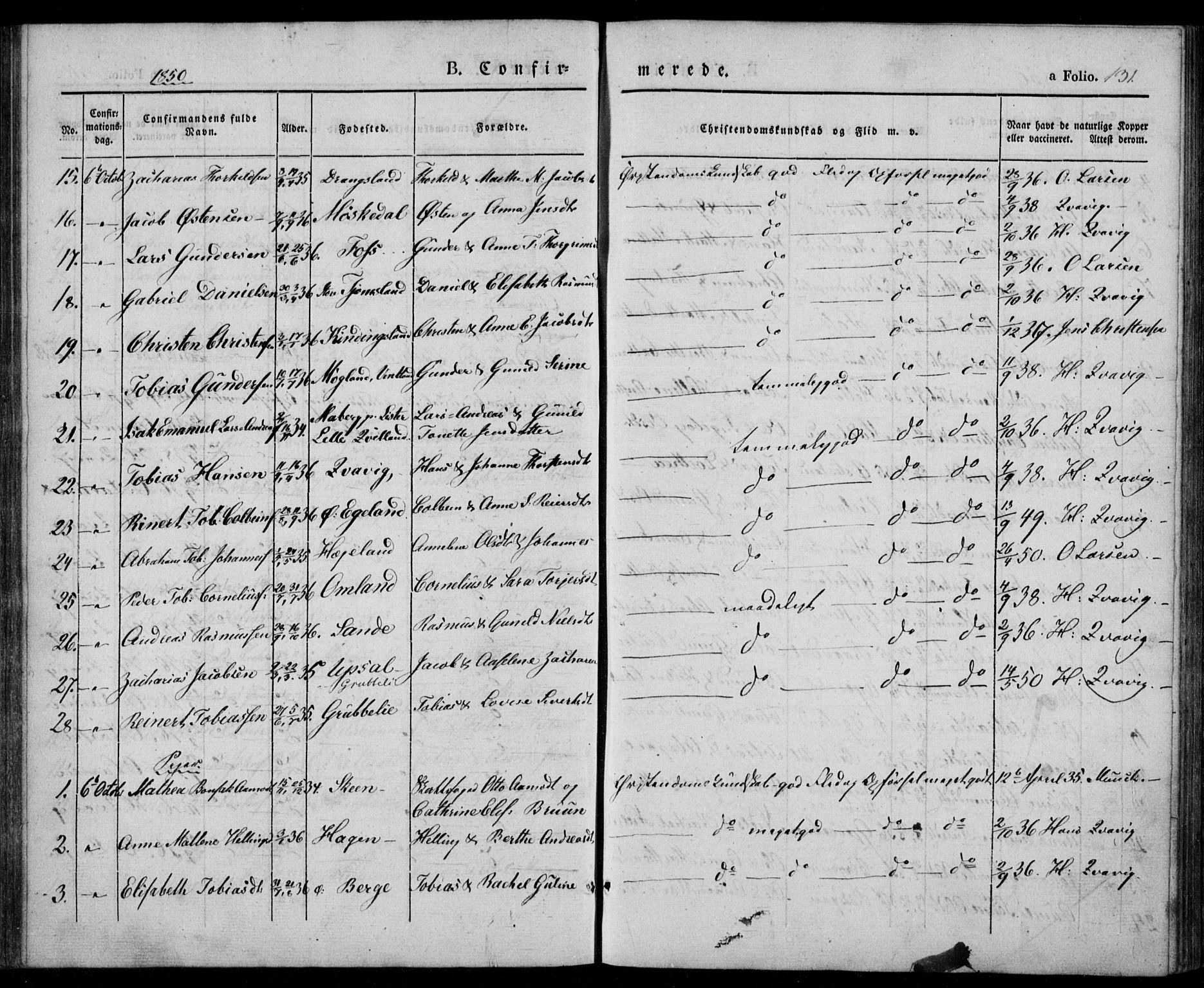 Lyngdal sokneprestkontor, AV/SAK-1111-0029/F/Fa/Fac/L0008: Parish register (official) no. A 8, 1837-1852, p. 131