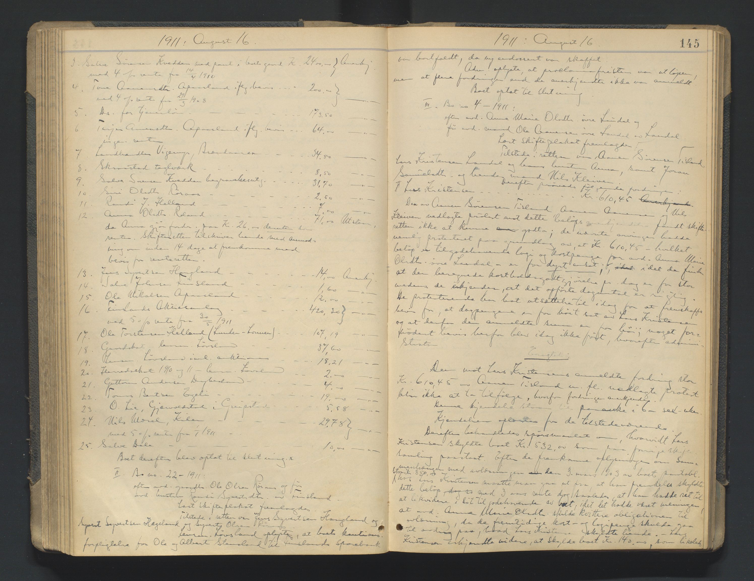 Mandal sorenskriveri, AV/SAK-1221-0005/001/H/Hc/L0081: Skifteforhandlingsprotokoll nr 13, 1909-1913, p. 145